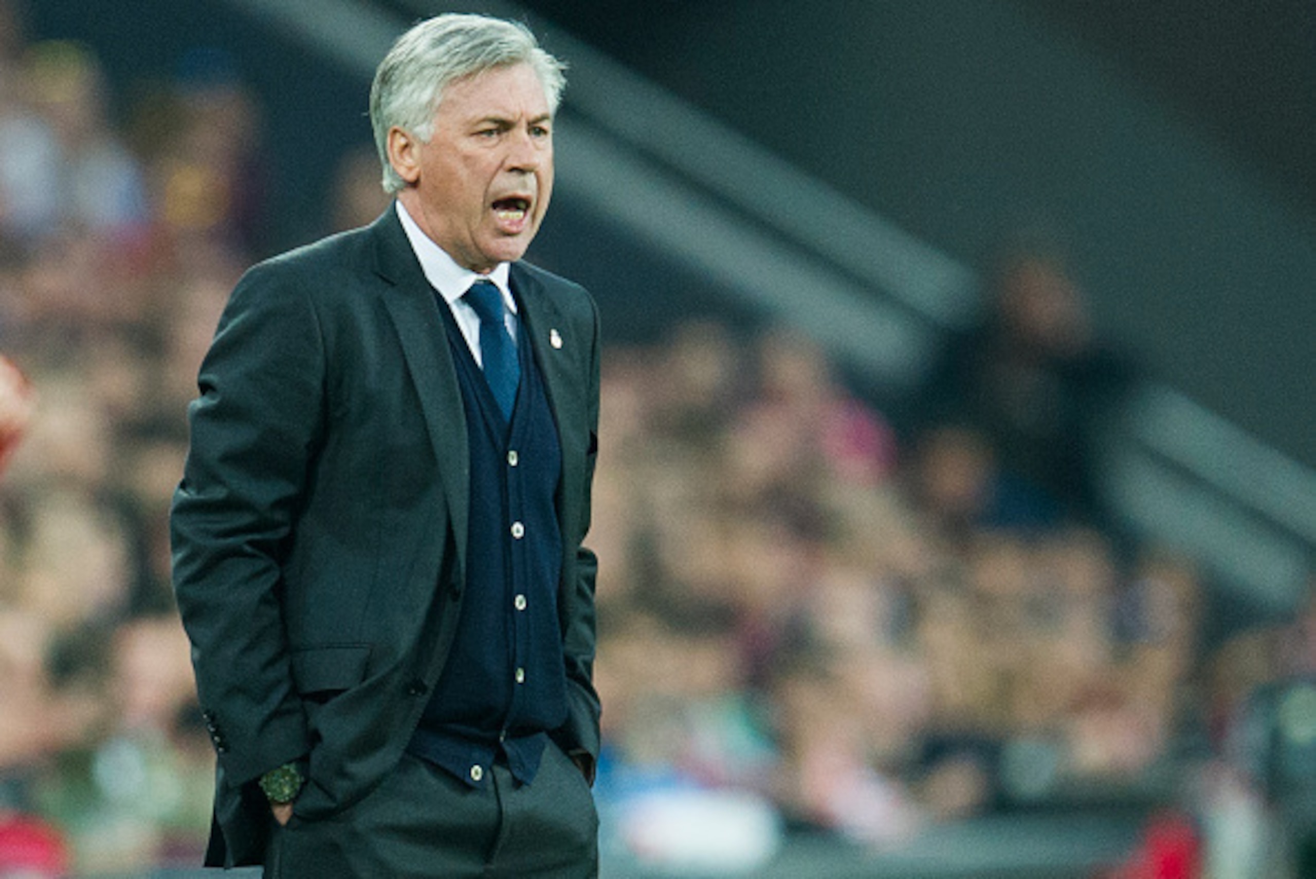 BILBAO, SPAIN - MARCH 07: Head coach Carlo Ancelotti of Real Madrid reacts during the La Liga match between Athletic Club Bilbao and Real Madrid CF at San Mames Stadium on March 7, 2015 in Bilbao, Spain.  (Photo by Juan Manuel Serrano Arce/Getty Images)