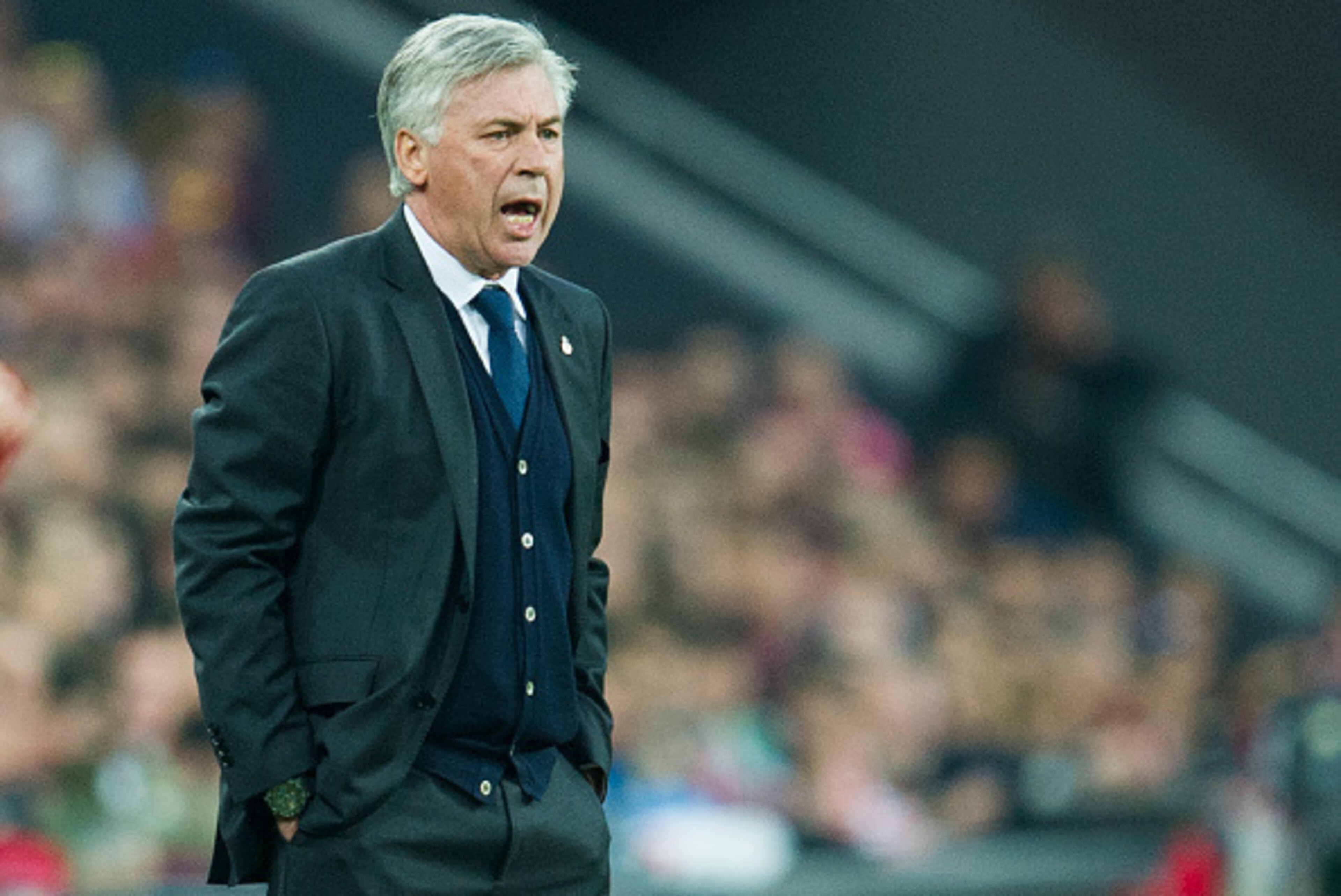 BILBAO, SPAIN - MARCH 07: Head coach Carlo Ancelotti of Real Madrid reacts during the La Liga match between Athletic Club Bilbao and Real Madrid CF at San Mames Stadium on March 7, 2015 in Bilbao, Spain.  (Photo by Juan Manuel Serrano Arce/Getty Images)