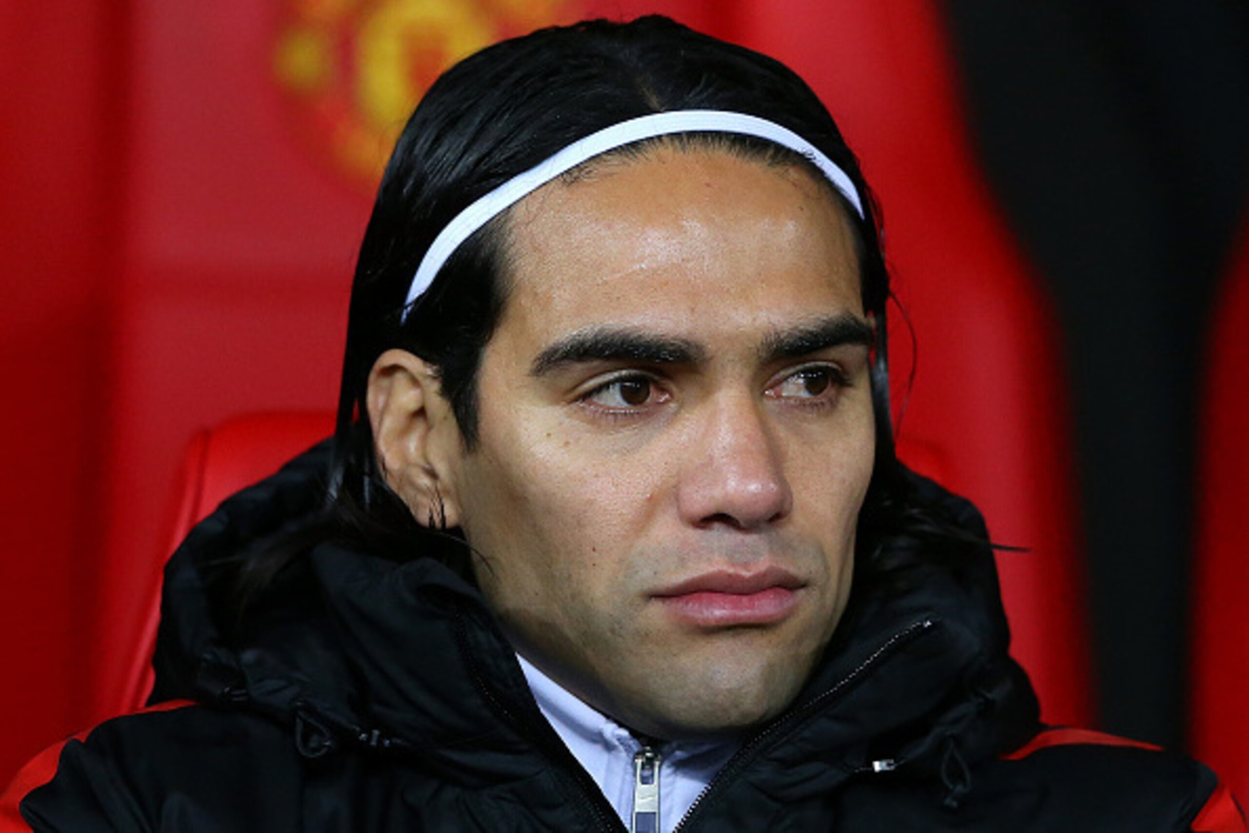 MANCHESTER, ENGLAND - DECEMBER 02:  Radamel Falcao of Manchester United looks on fronm the bench piror to the Barclays Premier League match between Manchester United and Stoke City at Old Trafford on December 2, 2014 in Manchester, England.  (Photo by Ale