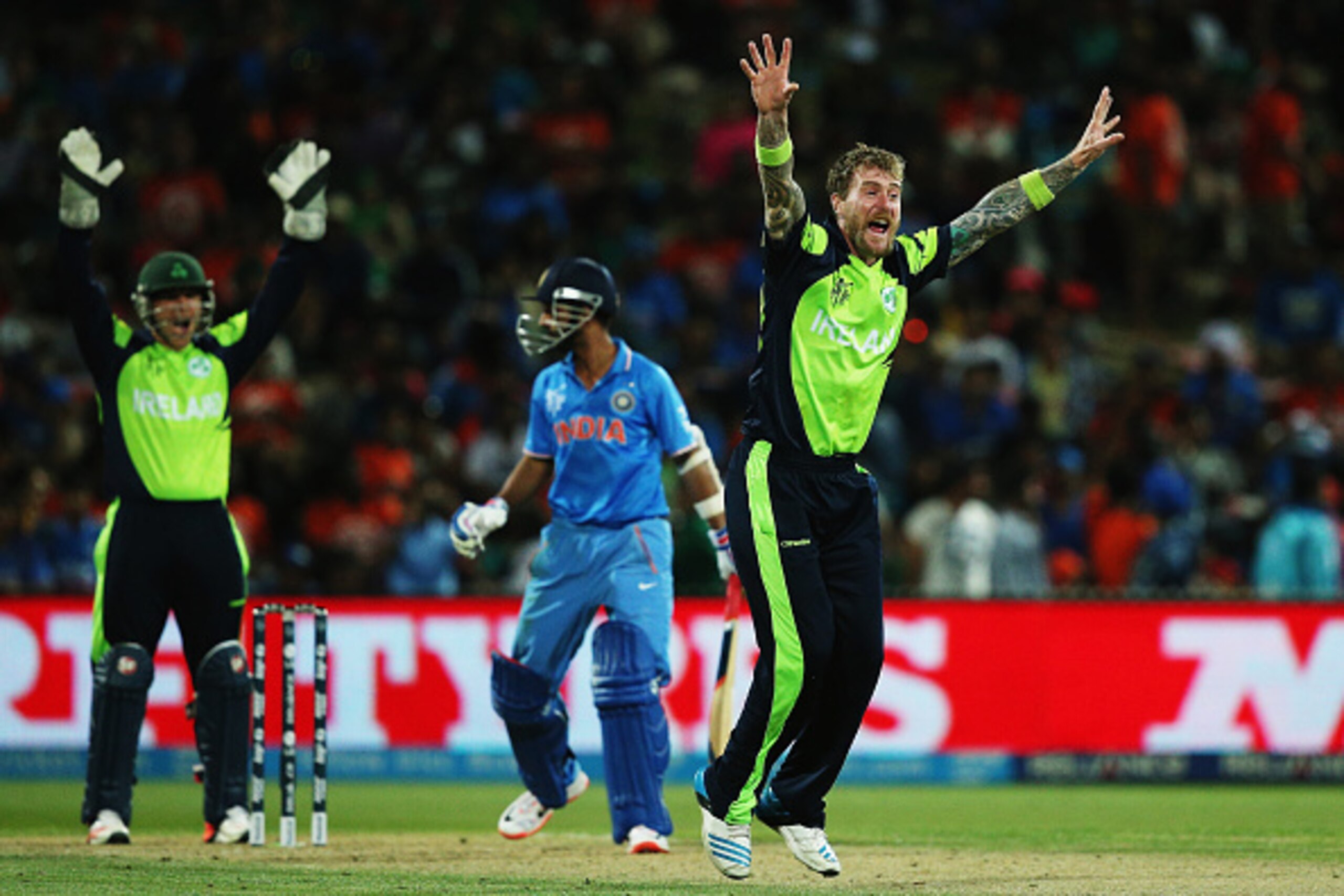 HAMILTON, NEW ZEALAND - MARCH 10:  John Mooney of Ireland unsucessfully appeals for the wicket of Ajinkya Rahane of India during the 2015 ICC Cricket World Cup match between Ireland and India at Seddon Park on March 10, 2015 in Hamilton, New Zealand.  (Ph