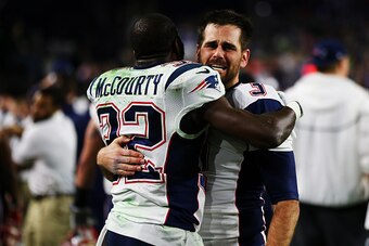 GLENDALE, AZ - FEBRUARY 01:   Devin McCourty #32 of the New England Patriots celebrates with  Stephen Gostkowski #3 of the New England Patriots after defeating the Seattle Seahawks 28-24 to win Super Bowl XLIX at University of Phoenix Stadium on February 