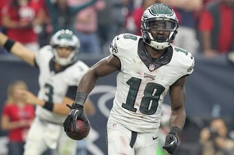 HOUSTON, TX- NOVEMBER 02: Jeremy Maclin #18 of the Philadelphia Eagles celebrates his touchdown reception from Mark Sanchez #3 of the Philadelphia Eagles against the Houston Texans in a NFL game on November 2, 2014 at NRG Stadium in Houston, Texas. Eagles