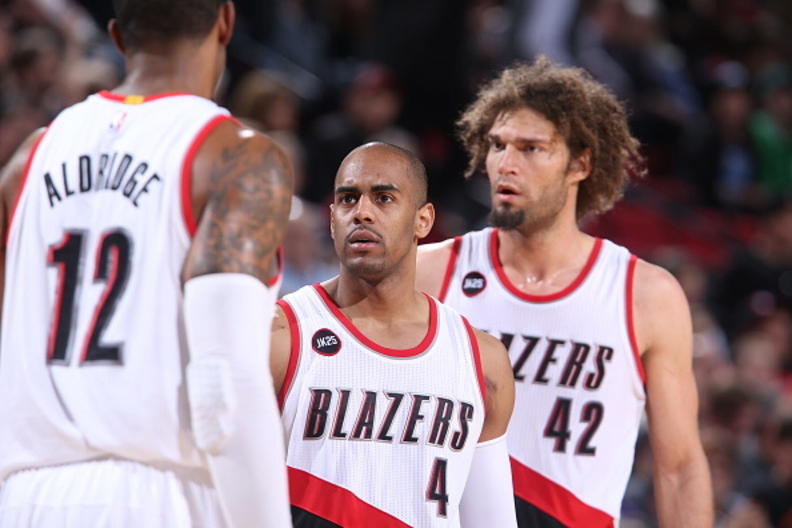 PORTLAND, OR - MARCH 5: Arron Afflalo #4 of the Portland Trail Blazers stands on the court during a game against the Dallas Mavericks on March 5, 2015 at the Moda Center Arena in Portland, Oregon. NOTE TO USER: User expressly acknowledges and agrees that,