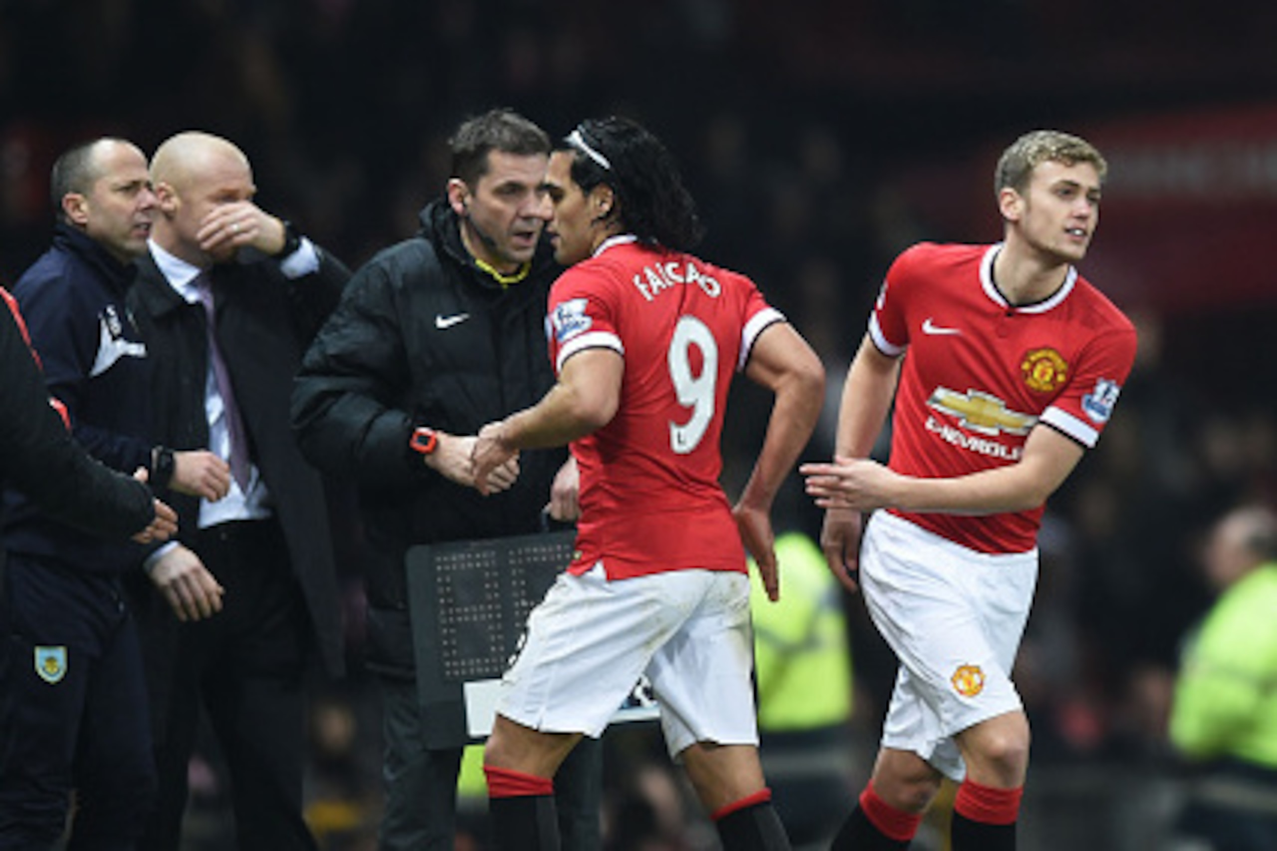 MANCHESTER, ENGLAND - FEBRUARY 11: James Wilson of Manchester United comes on for Radamel Falcao during the Barclays Premier League match between Manchester United and Burnley at Old Trafford on February 11, 2015 in Manchester, England.  (Photo by Michael