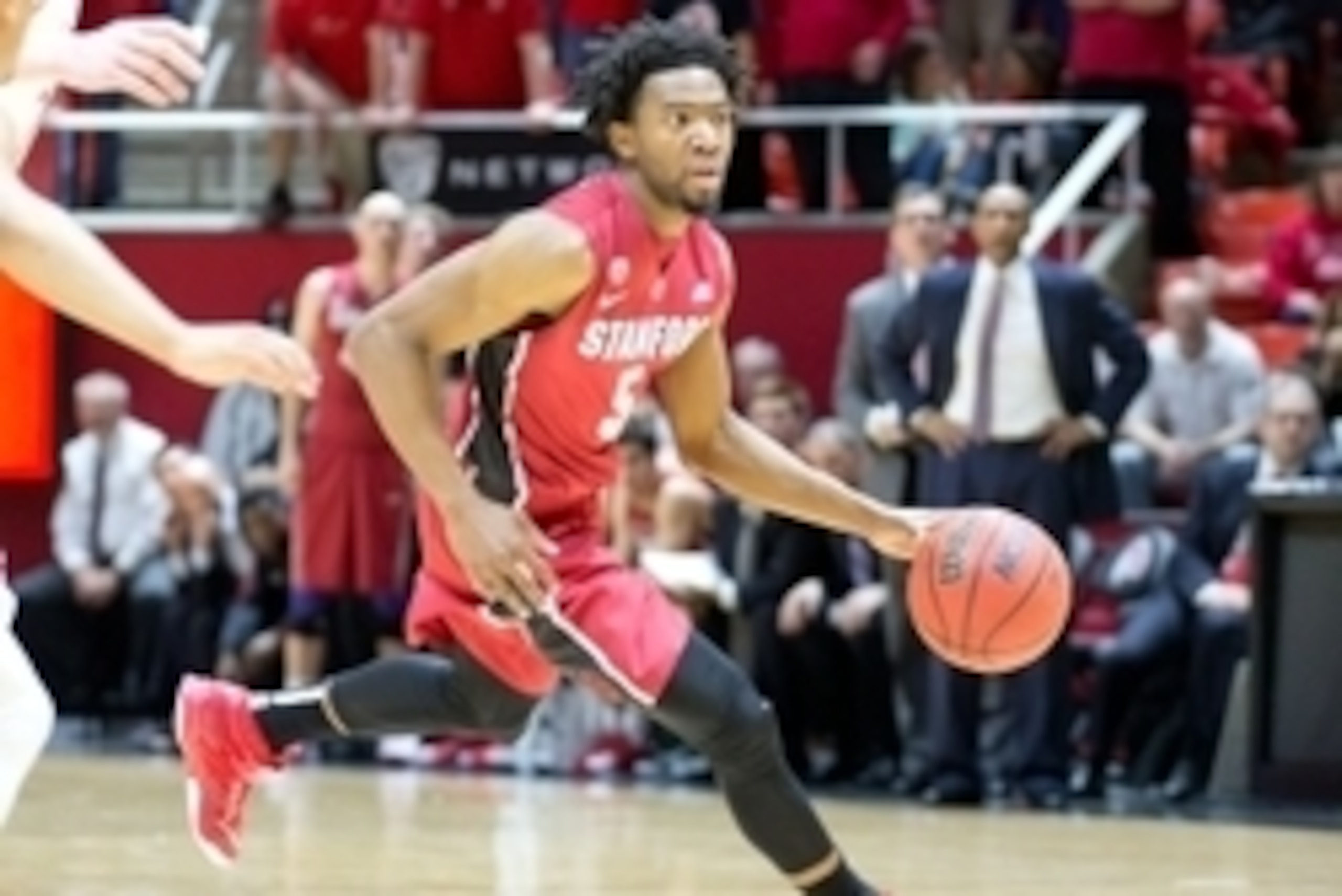 Feb 12, 2015; Salt Lake City, UT, USA; Stanford Cardinal guard Chasson Randle (5) dribbles the ball during the first half against the Utah Utes at Jon M. Huntsman Center. Mandatory Credit: Russ Isabella-USA TODAY Sports