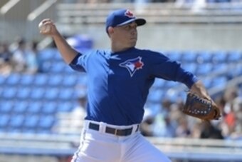 Mar 8, 2015; Dunedin, FL, USA; Toronto Blue Jays relief pitcher Aaron Sanchez (41) pitches during the first inning of a spring training baseball game against the Pittsburgh Pirates at Florida Auto Exchange Park. Mandatory Credit: Tommy Gilligan-USA TODAY 