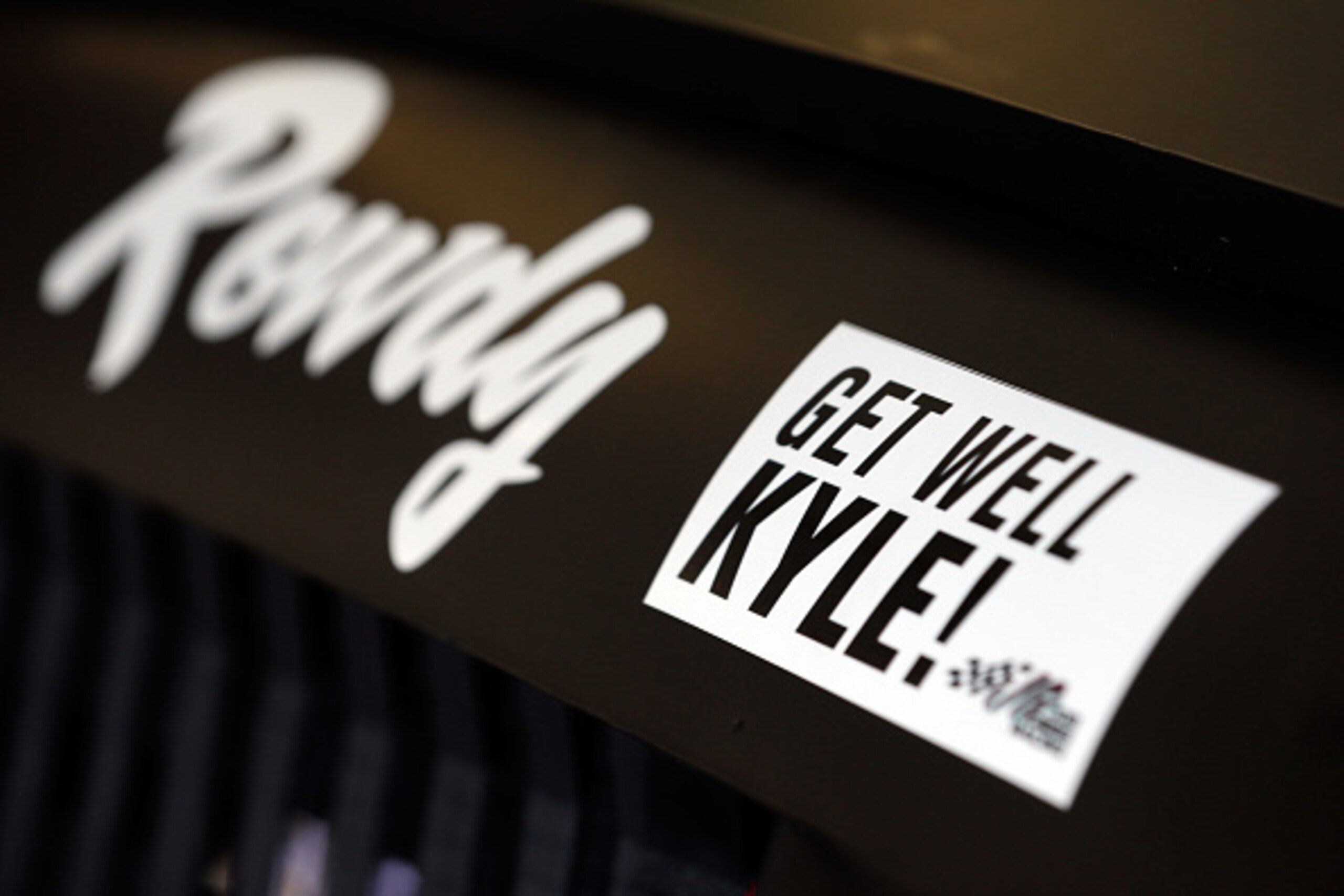 LAS VEGAS, NV - MARCH 06: A sticker in support of Kyle Busch is seen on the #54 Monster Energy Toyota, driven by Denny Hamlin, during practice for the NASCAR XFINITY Series Boyd Gaming 300 at Las Vegas Motor Speedway on March 6, 2015 in Las Vegas, Nevada.