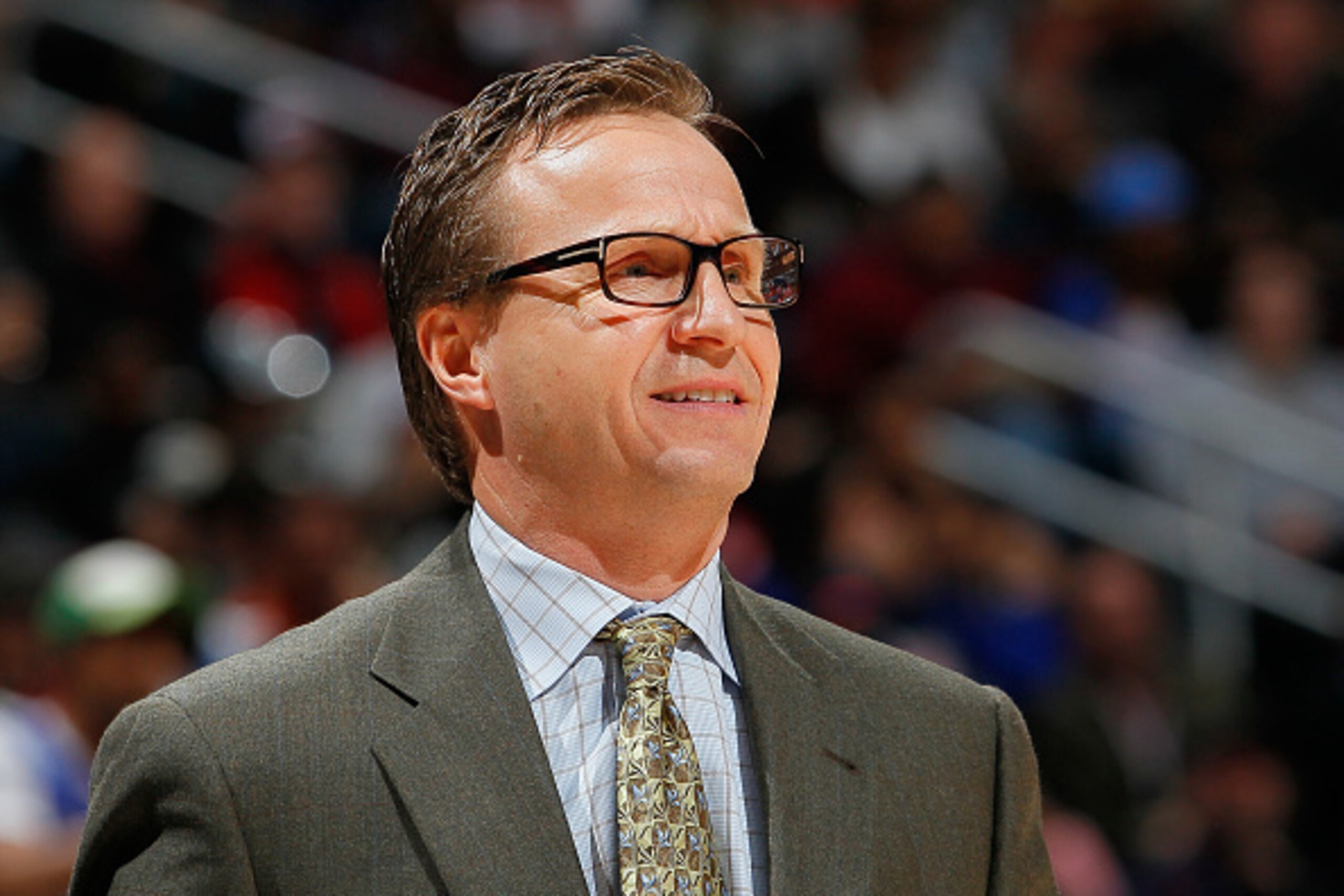 ATLANTA, GA - JANUARY 23:  Scott Brooks of the Oklahoma City Thunder looks on during the game against the Atlanta Hawks at Philips Arena on January 23, 2015 in Atlanta, Georgia.  NOTE TO USER: User expressly acknowledges and agrees that, by downloading an