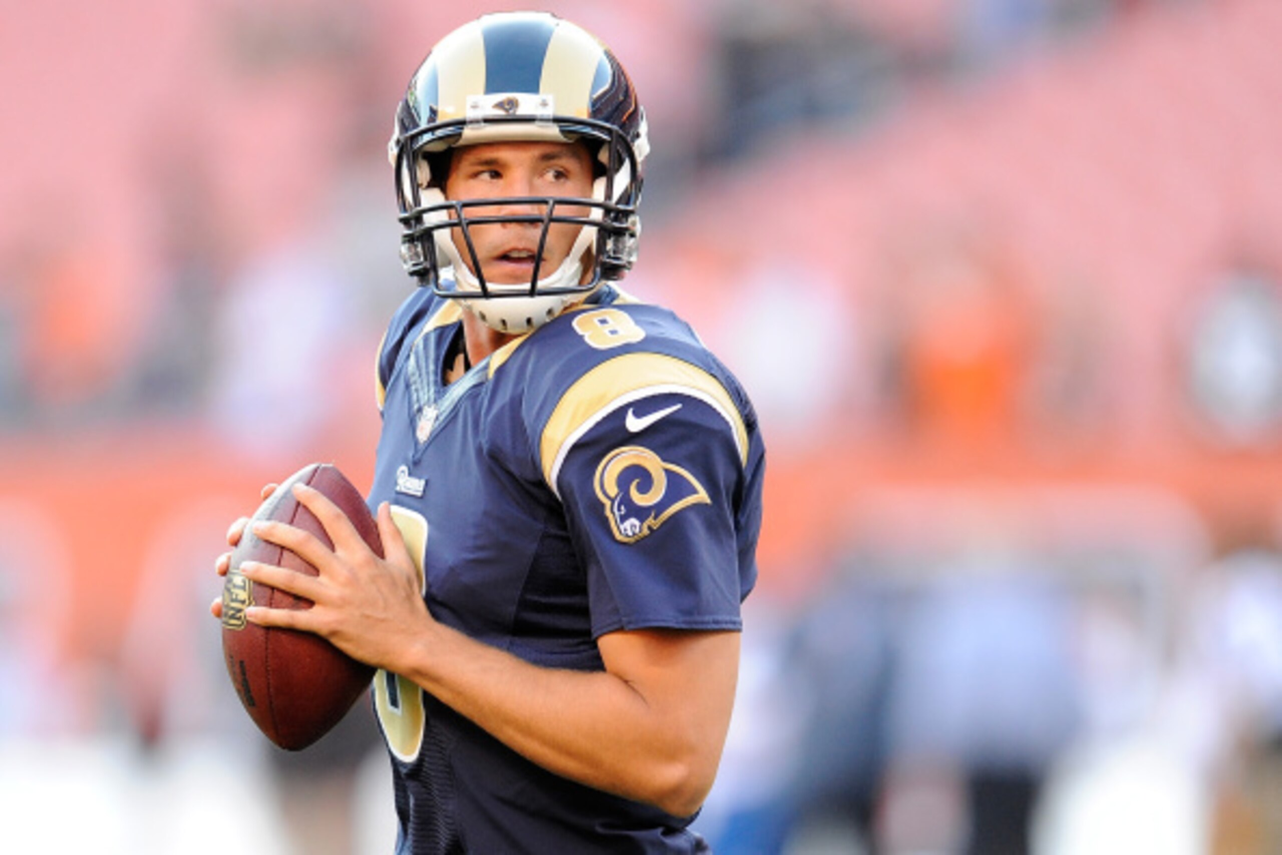 CLEVELAND, OH - AUGUST 23:  Sam Bradford #8 of the St. Louis Rams warms up prior to the preseason game against the Cleveland Browns at FirstEnergy Stadium on August 23, 2014 in Cleveland, Ohio.  (Photo by Joe Sargent/Getty Images)