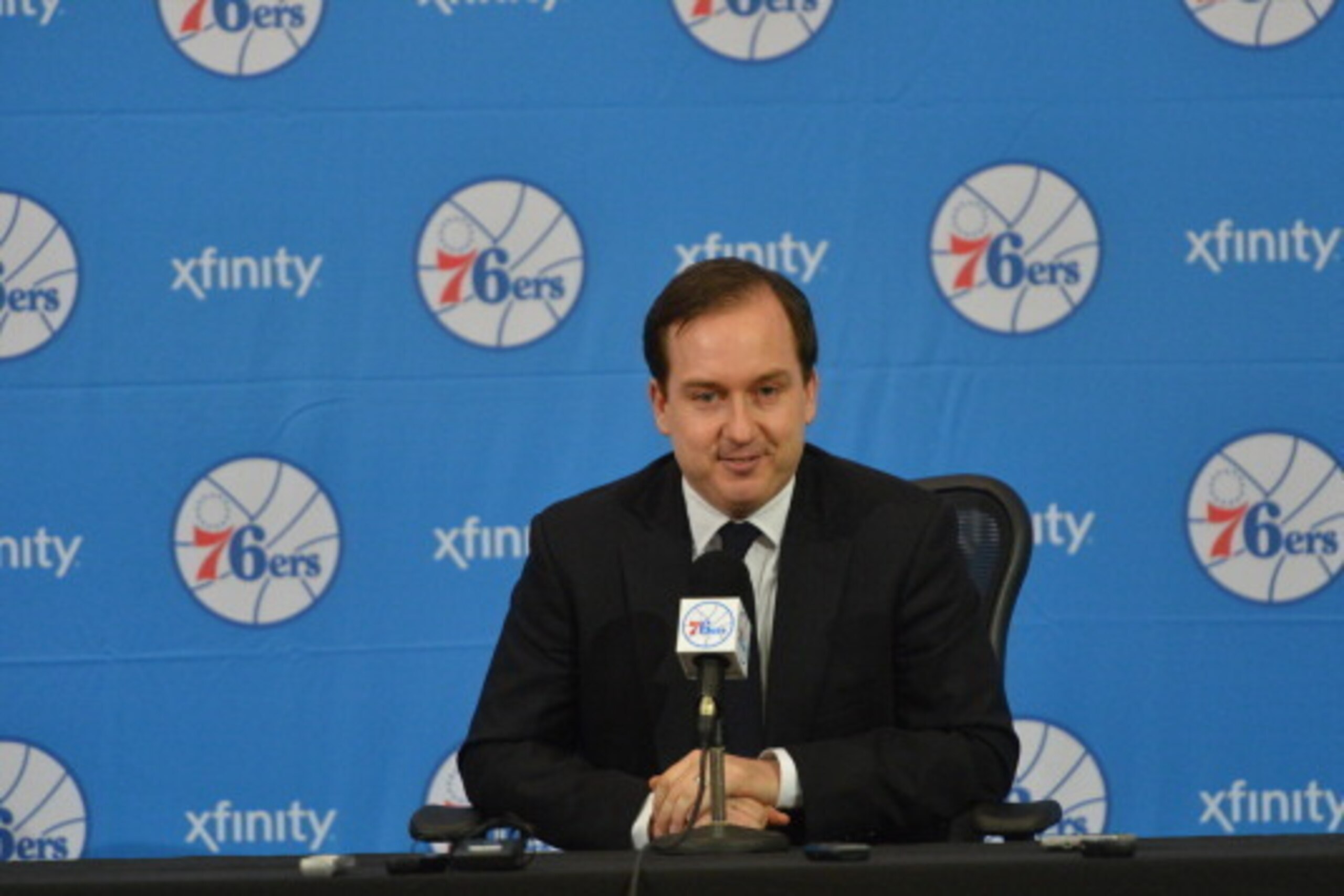 PHILADELPHIA, PA - JUNE 27: Sam Hinkie, President of Basketball Operations and General Manager of the Philadelphia 76ers, speaks with the media during a press conference on June 27, 2014 at the Philadelphia College of Osteopathic Medicine in Philadelphia,