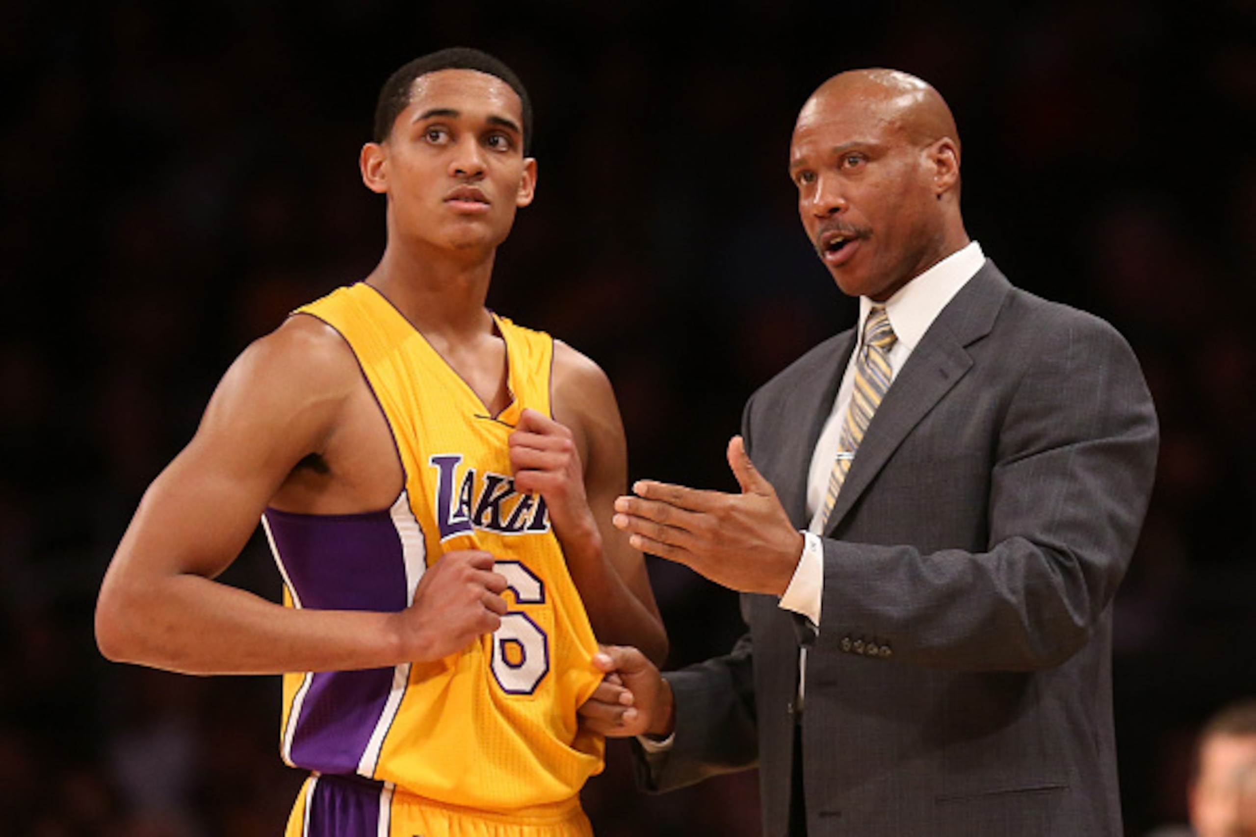 LOS ANGELES, CA - DECEMBER 23:  Head coach Byron Scott and Jordan Clarkson #6 of the Los Angeles Lakers talk during the game with the Golden State Warriors at Staples Center on December 23, 2014 in Los Angeles, California. The Lakers won 115-105.   NOTE T