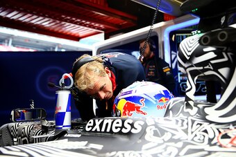 MONTMELO, SPAIN - MARCH 01:  Daniel Ricciardo of Australia and Infiniti Red Bull Racing speaks with Stuart Smith as he sits in his car in the garage during day four of the final Formula One Winter Testing at Circuit de Catalunya on March 1, 2015 in Montme