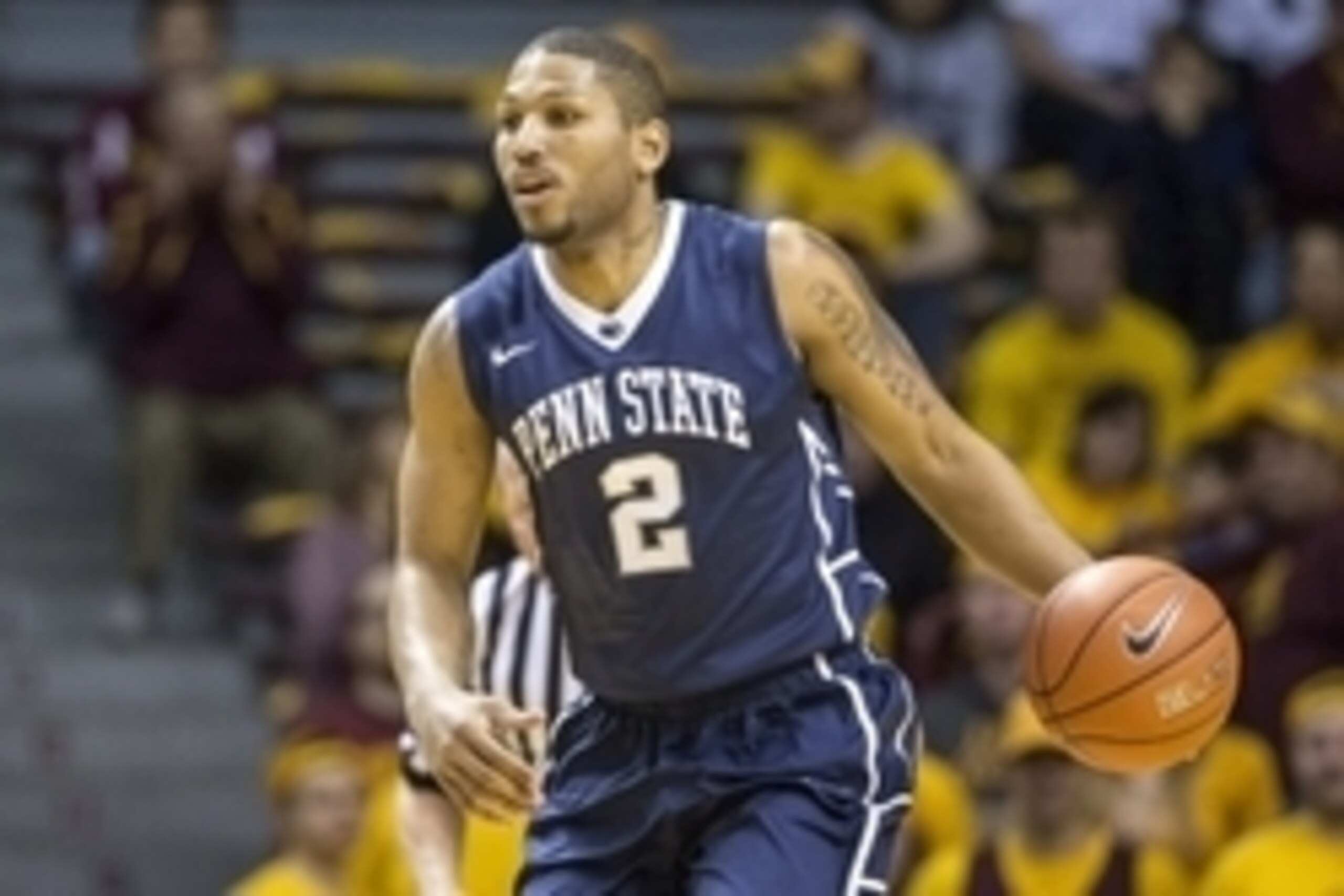 Mar 8, 2015; Minneapolis, MN, USA; Penn State Nittany Lions guard D.J. Newbill (2) dribbles the ball up the court in the first half against the Minnesota Golden Gophers at Williams Arena. Mandatory Credit: Jesse Johnson-USA TODAY Sports