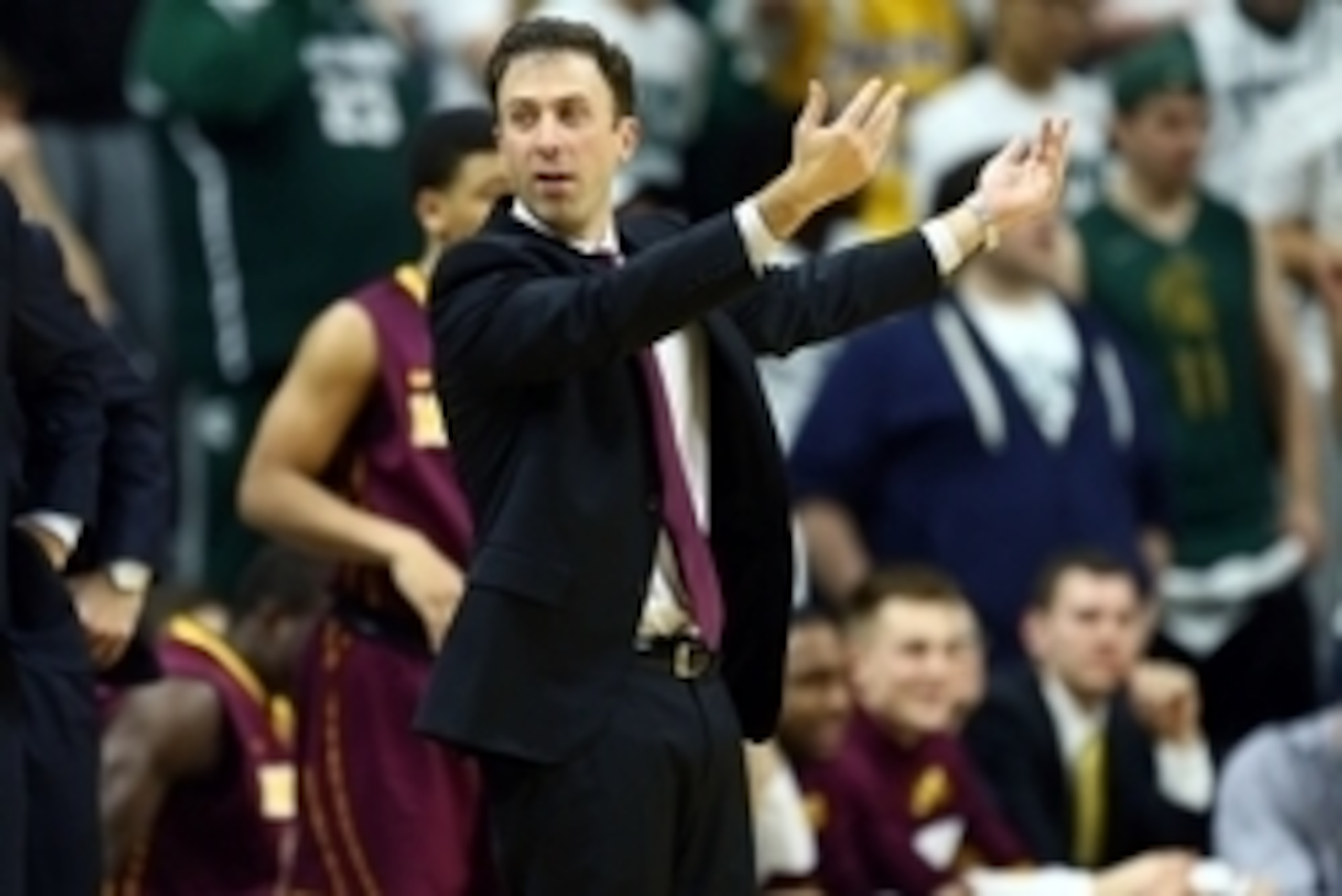 Feb 26, 2015; East Lansing, MI, USA;   Minnesota Golden Gophers head coach Richard Pitino reacts to a play during the 2nd half of a game at Jack Breslin Student Events Center. Mandatory Credit: Mike Carter-USA TODAY Sports