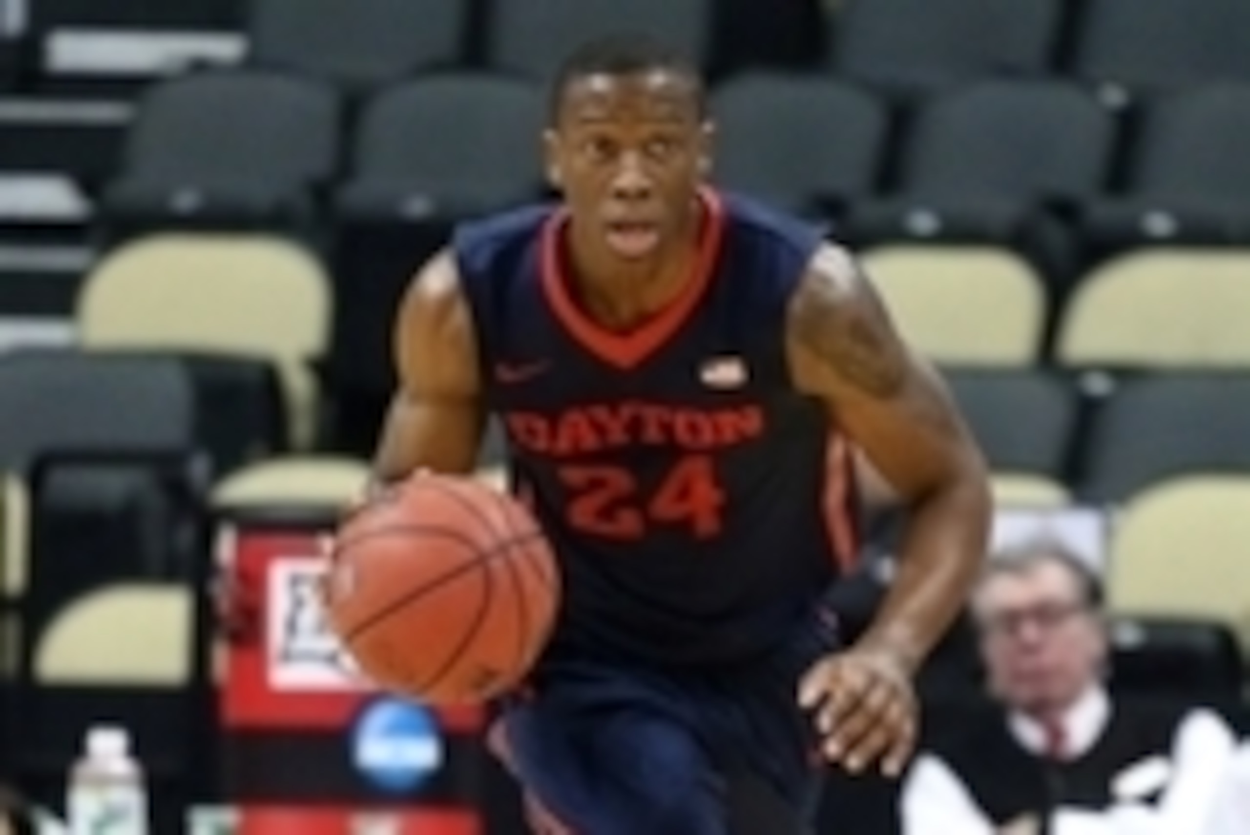 Feb 21, 2015; Pittsburgh, PA, USA; Dayton Flyers guard Jordan Sibert (24) brings the ball up the court against the Duquesne Dukes during the second half at the CONSOL Energy Center. Duquesne won 83-73. Mandatory Credit: Charles LeClaire-USA TODAY Sports