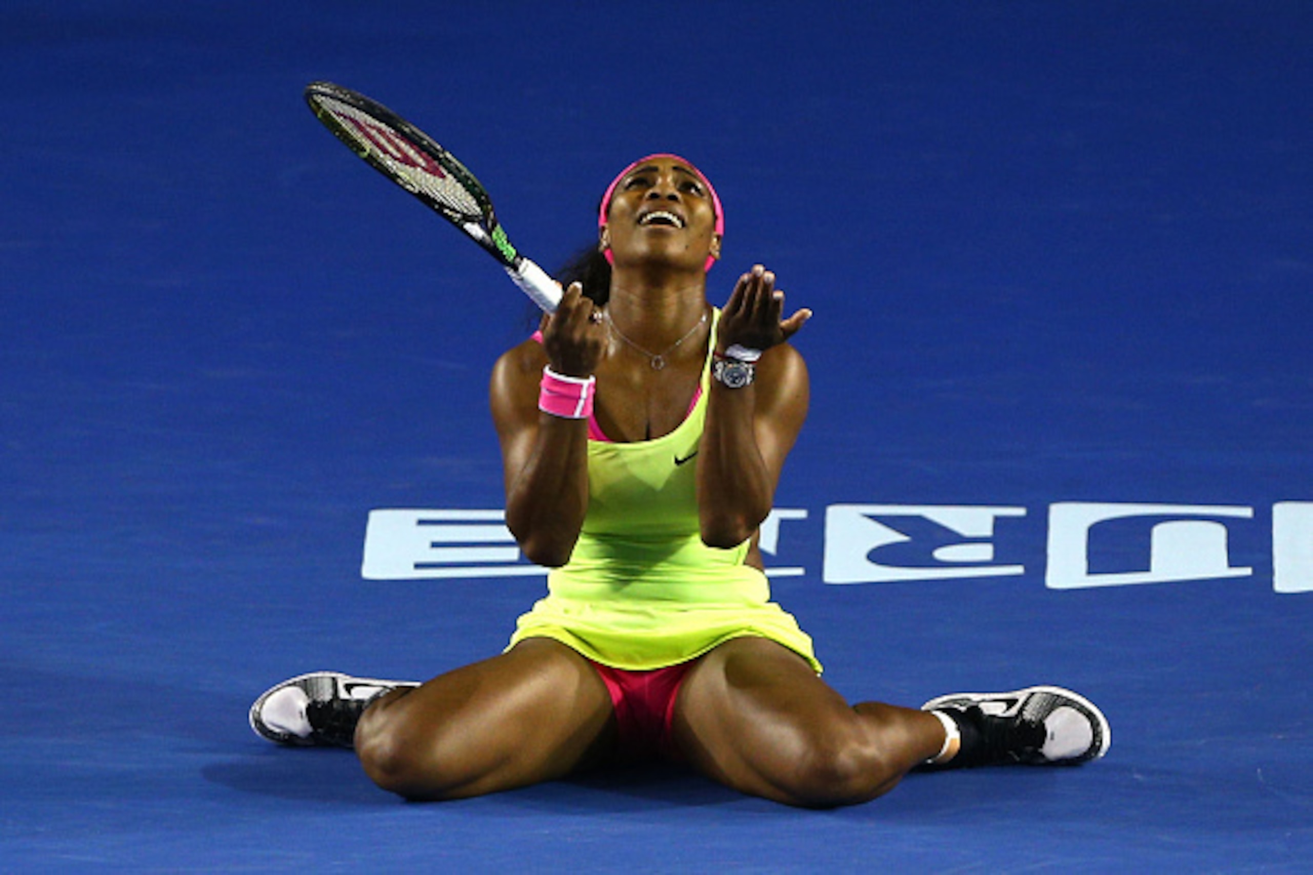 MELBOURNE, AUSTRALIA - JANUARY 31:  Serena Williams of the United States reacts to a point in her women's final match against Maria Sharapova of Russia during day 13 of the 2015 Australian Open at Melbourne Park on January 31, 2015 in Melbourne, Australia