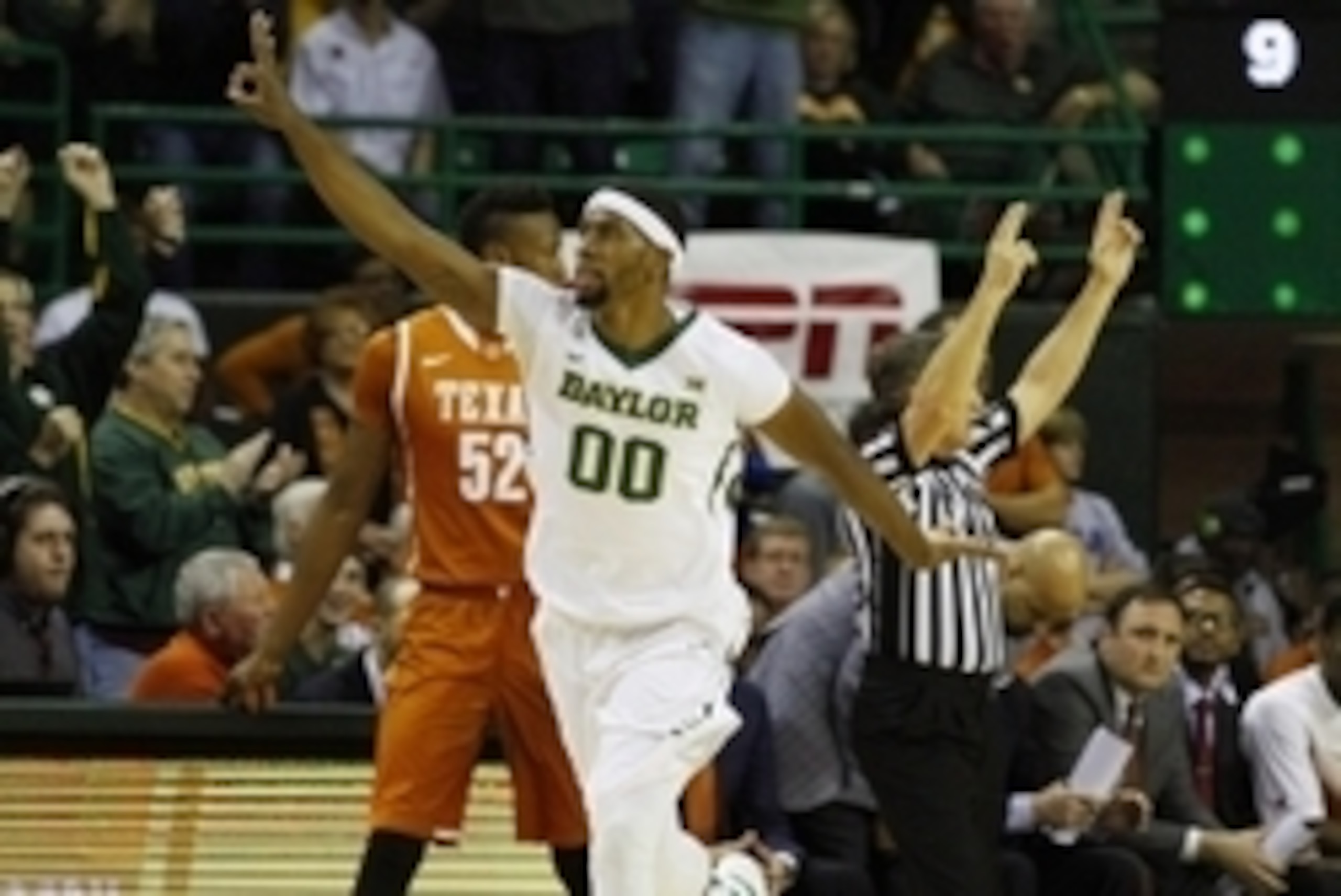 Jan 31, 2015; Waco, TX, USA; Baylor Bears forward Royce O'Neale (00) after made 3-point basket against the Texas Longhorns during the first half at Ferrell Center. Mandatory Credit: Ray Carlin-USA TODAY Sports