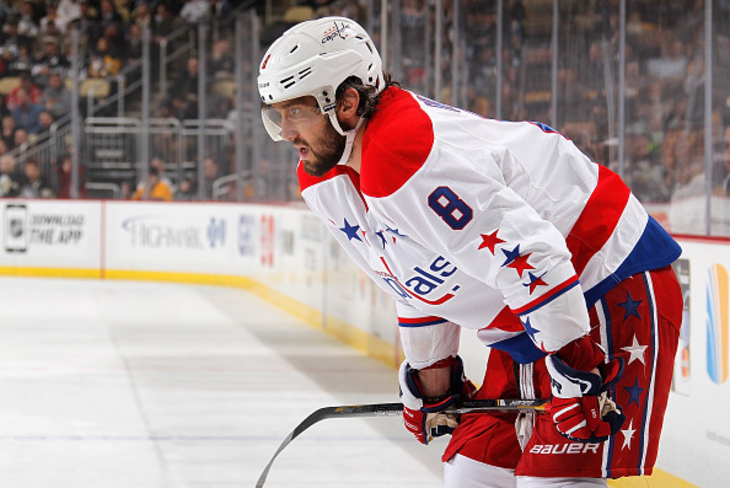 PITTSBURGH, PA - FEBRUARY 17:  Alex Ovechkin #8 of the Washington Capitals skates against the Pittsburgh Penguins at Consol Energy Center on February 17, 2015 in Pittsburgh, Pennsylvania.  (Photo by Gregory Shamus/NHLI via Getty Images)