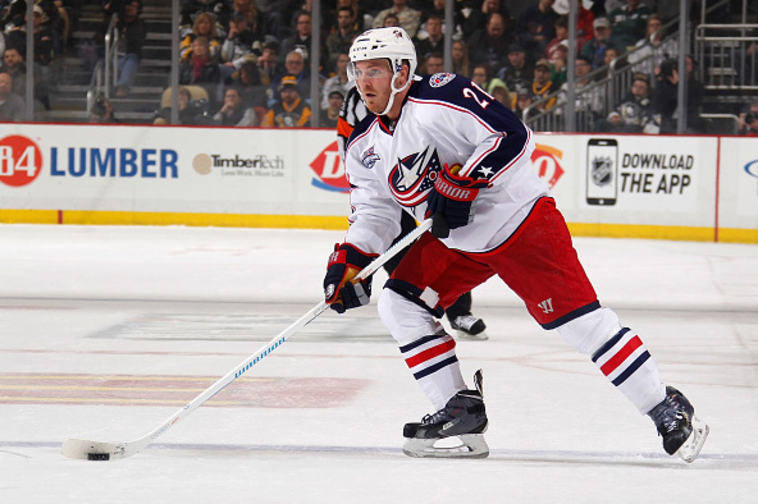 PITTSBURGH, PA - MARCH 01:  James Wisniewski #21 of the Columbus Blue Jackets moves the puck against the Pittsburgh Penguins at Consol Energy Center on March 1, 2015 in Pittsburgh, Pennsylvania.  (Photo by Gregory Shamus/NHLI via Getty Images)