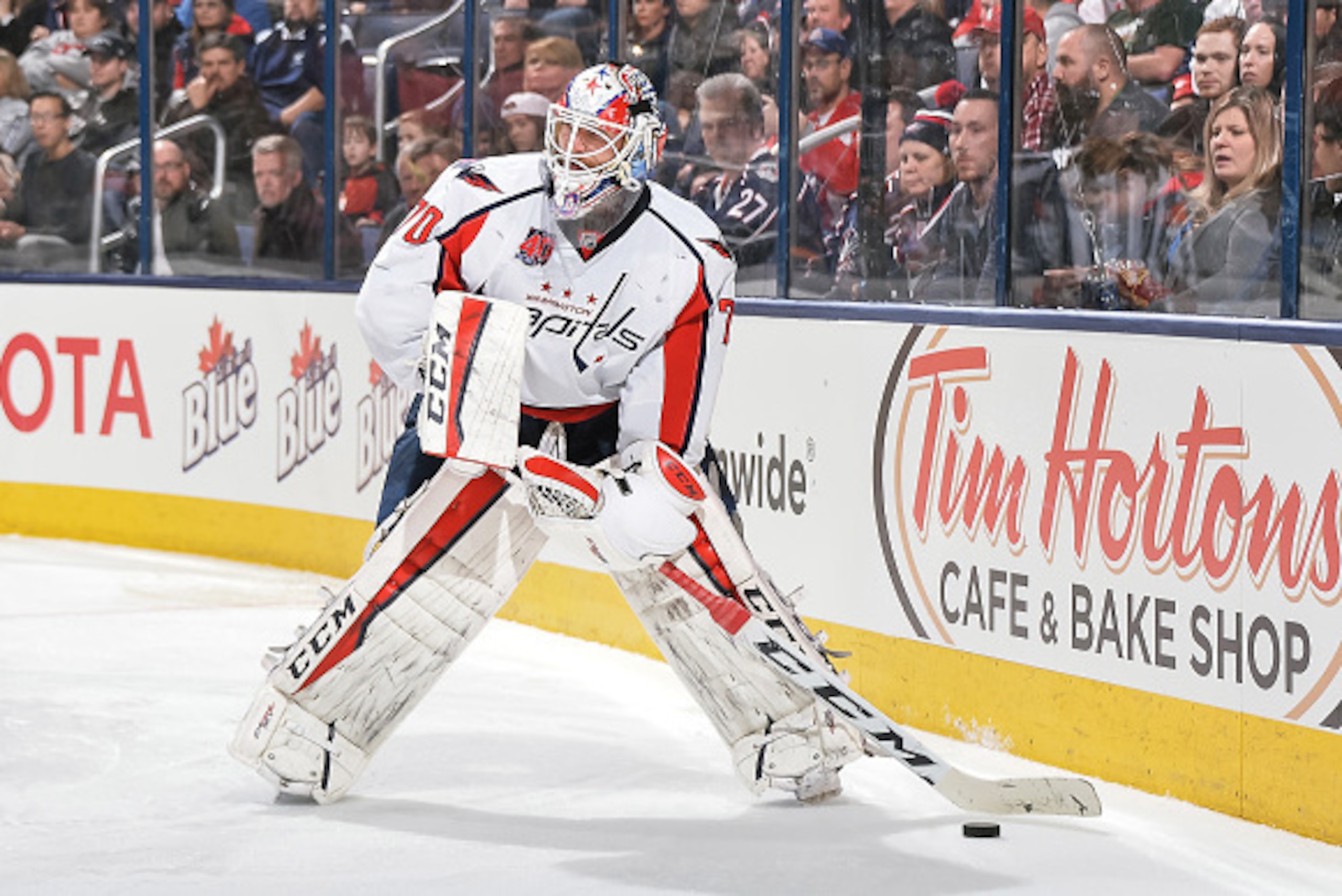 COLUMBUS, OH - JANUARY 27:   Goaltender Braden Holtby #70 of the Washington Capitals skates with the puck against the Columbus Blue Jackets on January 27, 2015 at Nationwide Arena in Columbus, Ohio.  (Photo by Jamie Sabau/NHLI via Getty Images)