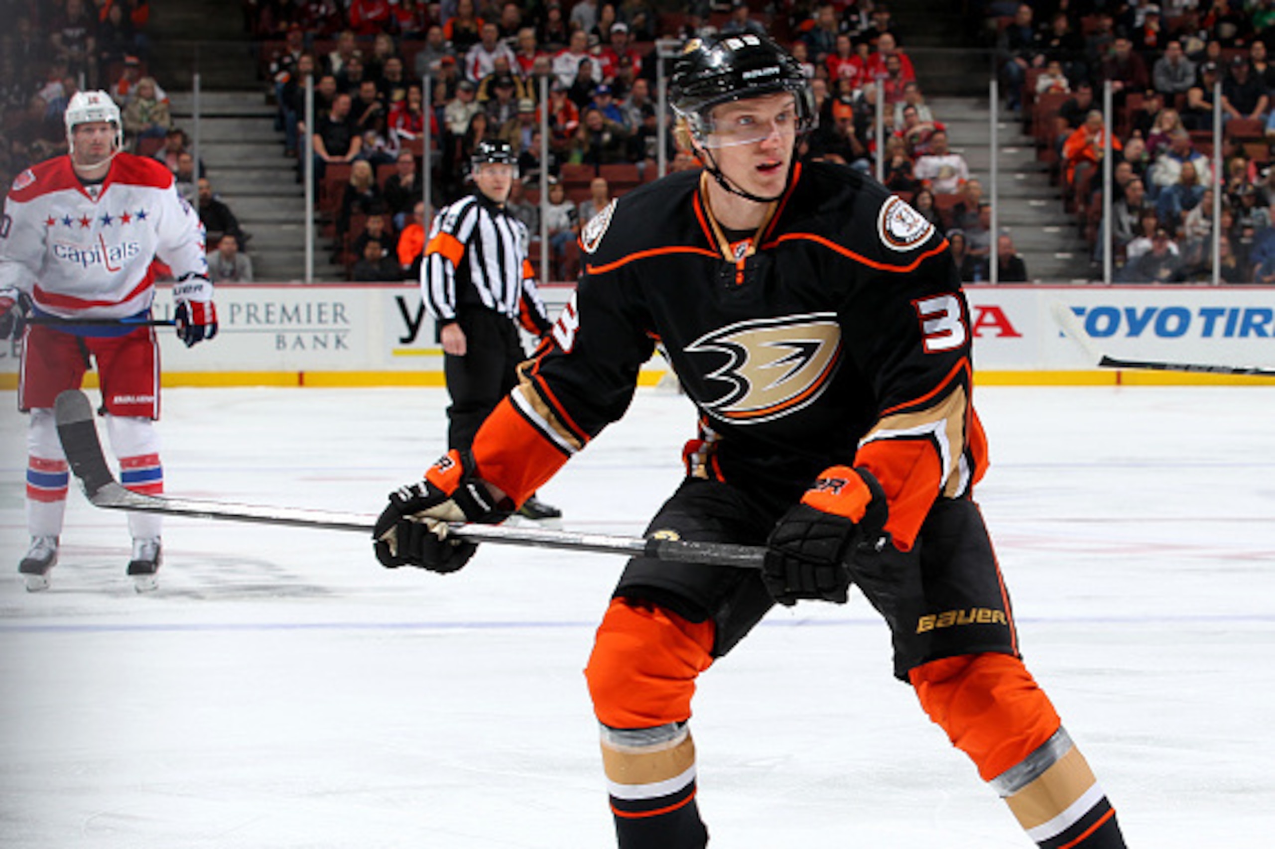 ANAHEIM, CA - FEBRUARY 15:  Jakob Silfverberg #33 of the Anaheim Ducks skates against the Washington Capitals on February 15, 2015 at Honda Center in Anaheim, California. (Photo by Debora Robinson/NHLI via Getty Images)
