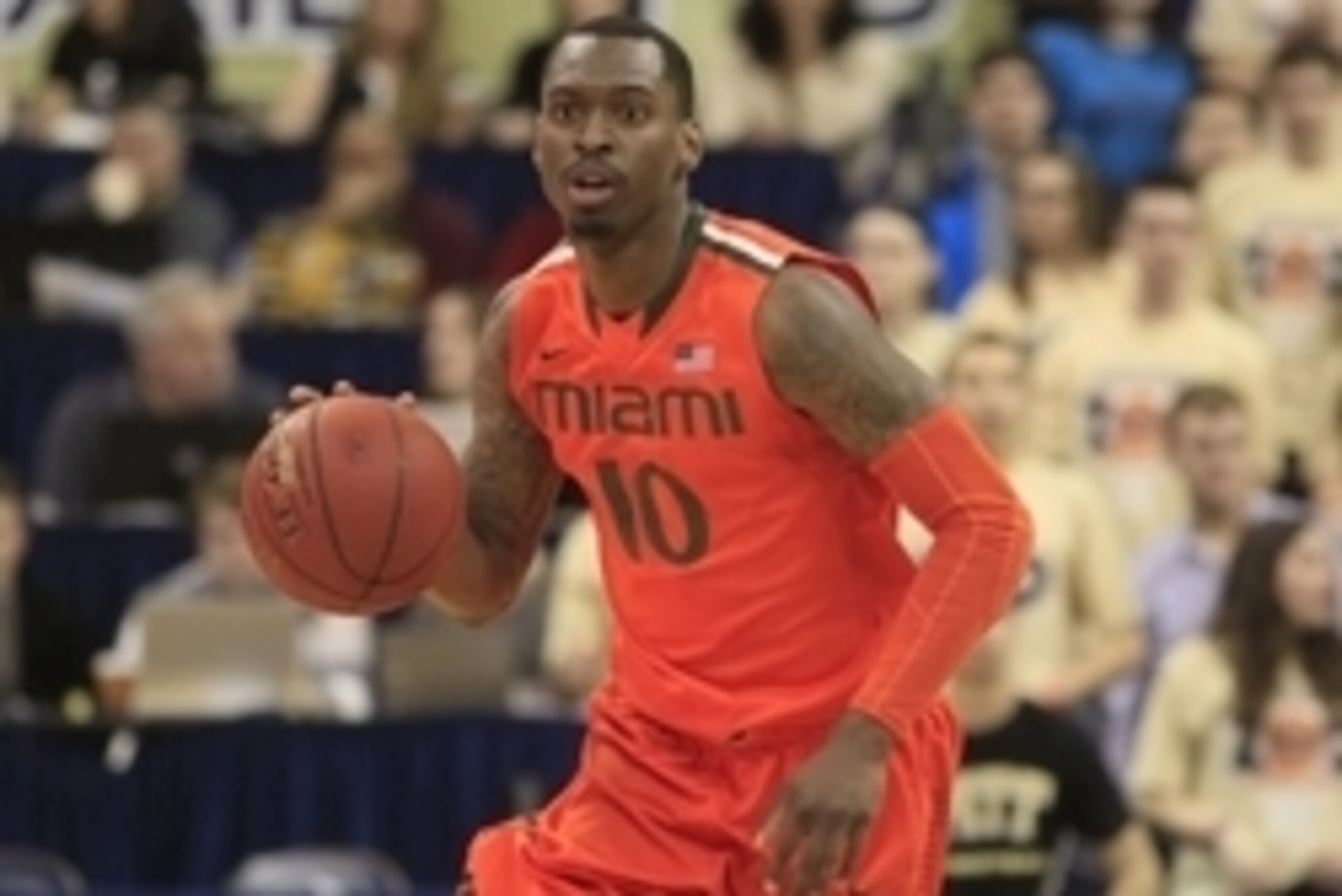 Mar 4, 2015; Pittsburgh, PA, USA; Miami (Fl) Hurricanes guard Sheldon McClellan (10) brings the ball up court against the Pittsburgh Panthers during the first half at the Petersen Events Center. Miami won 67-63. Mandatory Credit: Charles LeClaire-USA TODA