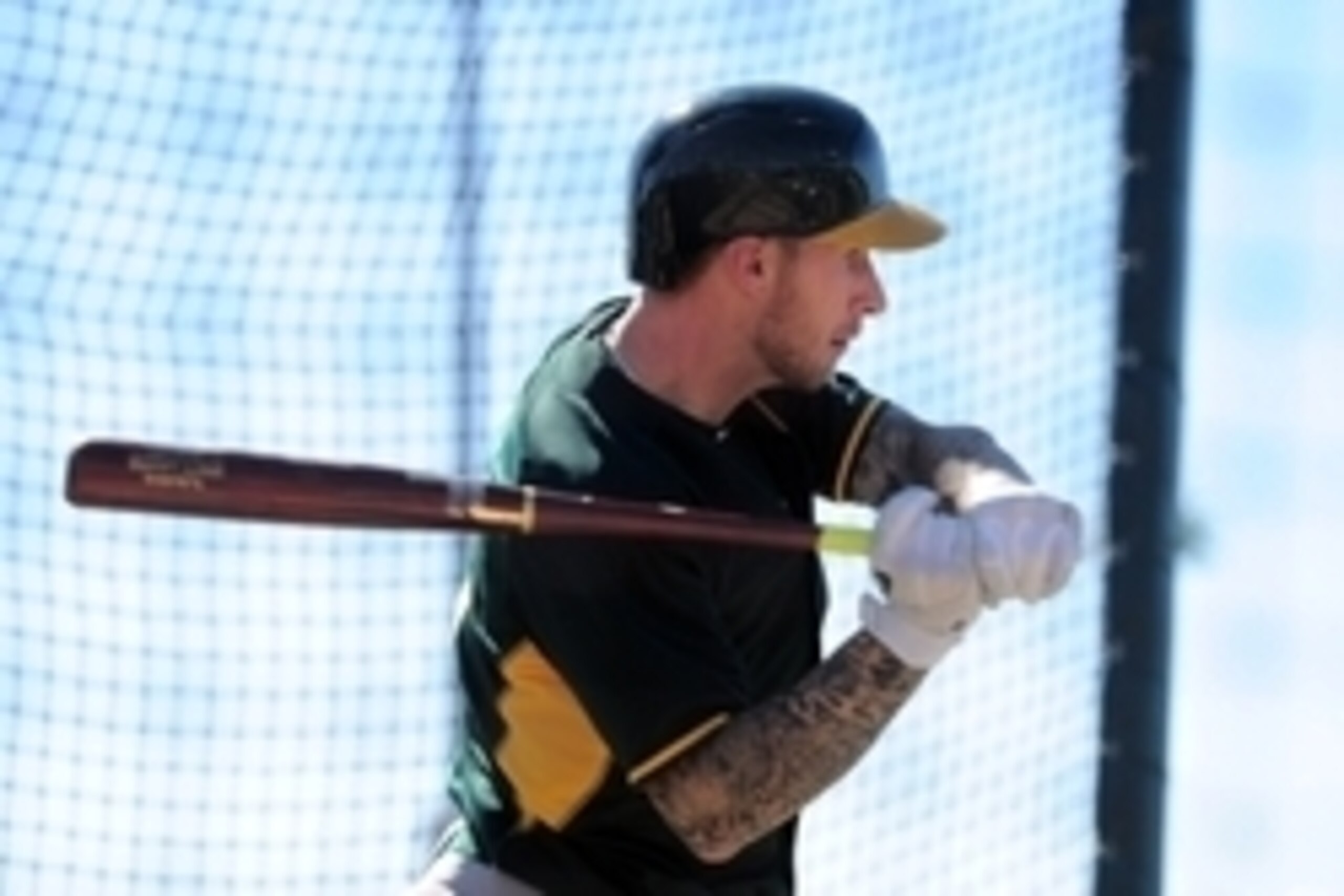 Feb 25, 2015; Mesa, AZ, USA; Oakland Athletics third baseman Brett Lawrie (15) bats during a workout at Fitch Park. Mandatory Credit: Joe Camporeale-USA TODAY Sports