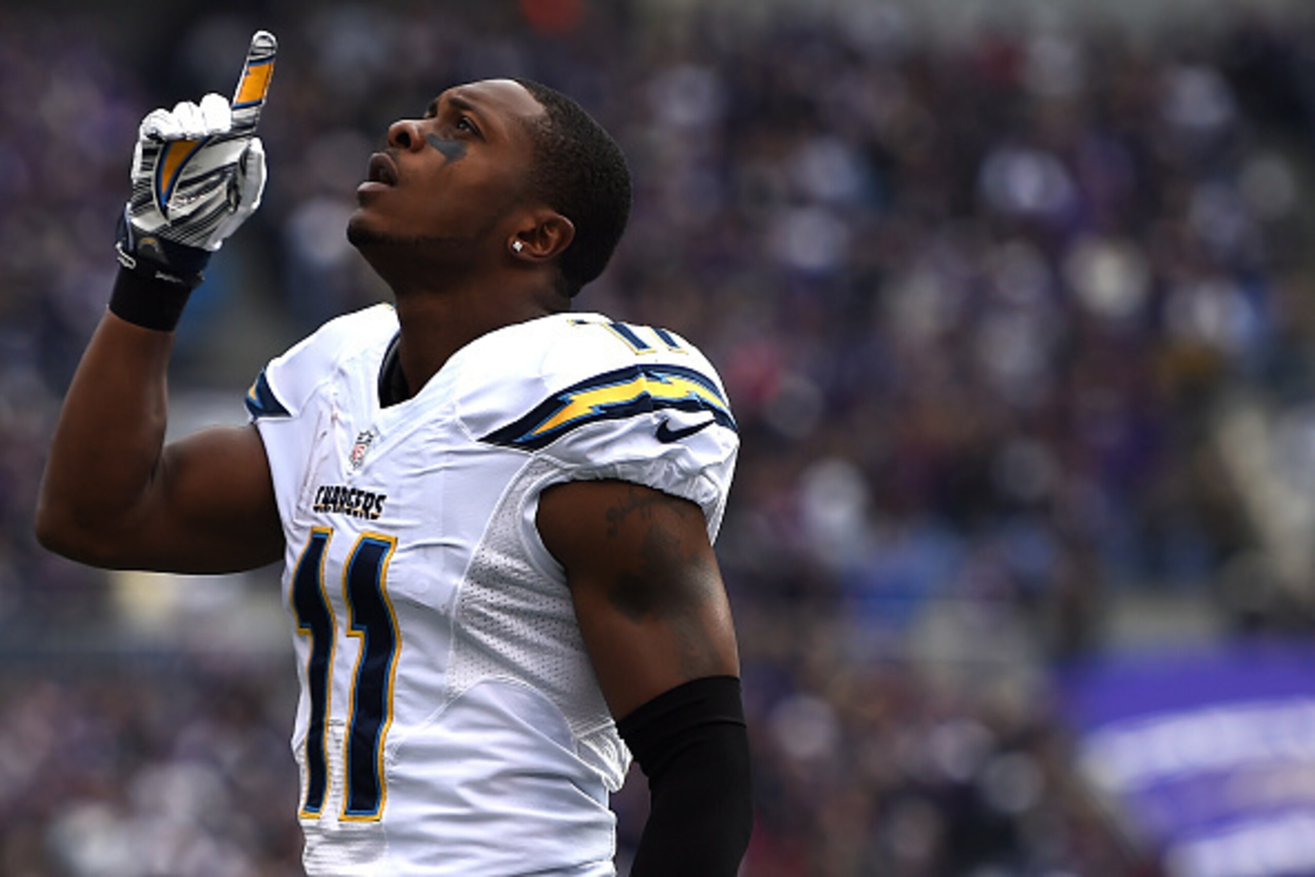 BALTIMORE, MD - NOVEMBER 30: Wide receiver Eddie Royal #11 of the San Diego Chargers points to the sky before playing the Baltimore Ravens at M&T Bank Stadium on November 30, 2014 in Baltimore, Maryland. The San Diego Chargers won, 34-33. (Photo by Patric