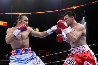 LAS VEGAS, NV - MARCH 07:  Keith Thurman punches Robert Guerrero during a Premier Boxing Champions bout in the MGM Grand Garden Arena on March 7, 2015 in Las Vegas, Nevada.  (Photo by Harry How/Getty Images)