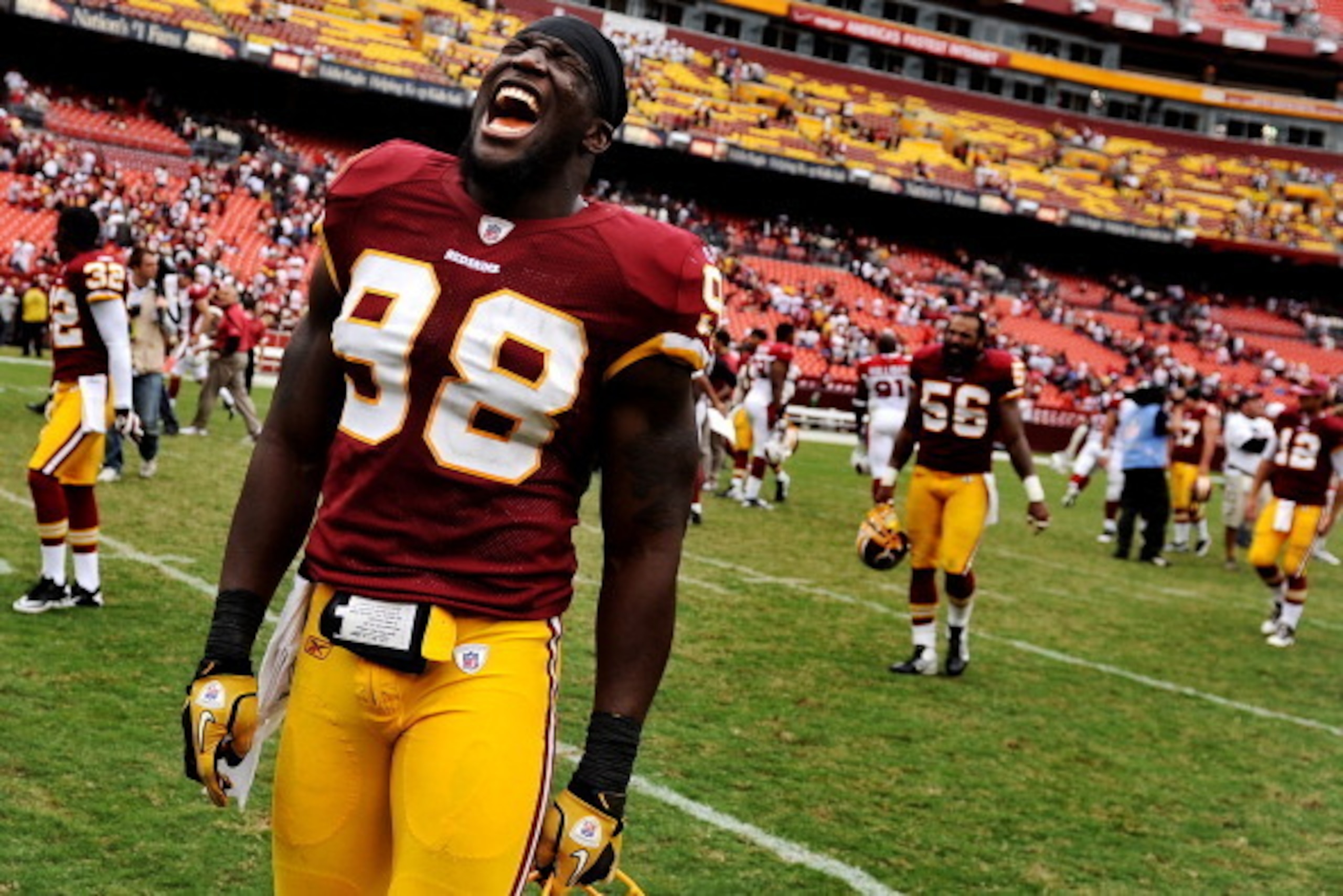 LANDOVER, MD - SEPTEMBER 18: Linebacker Brian Orakpo #98 of the Washington Redskins celebrates after defeating the Arizona Cardinals at FedExField on September 18, 2011 in Landover, Maryland. The Washington Redskins won, 22-21. (Photo by Patrick Smith/Get