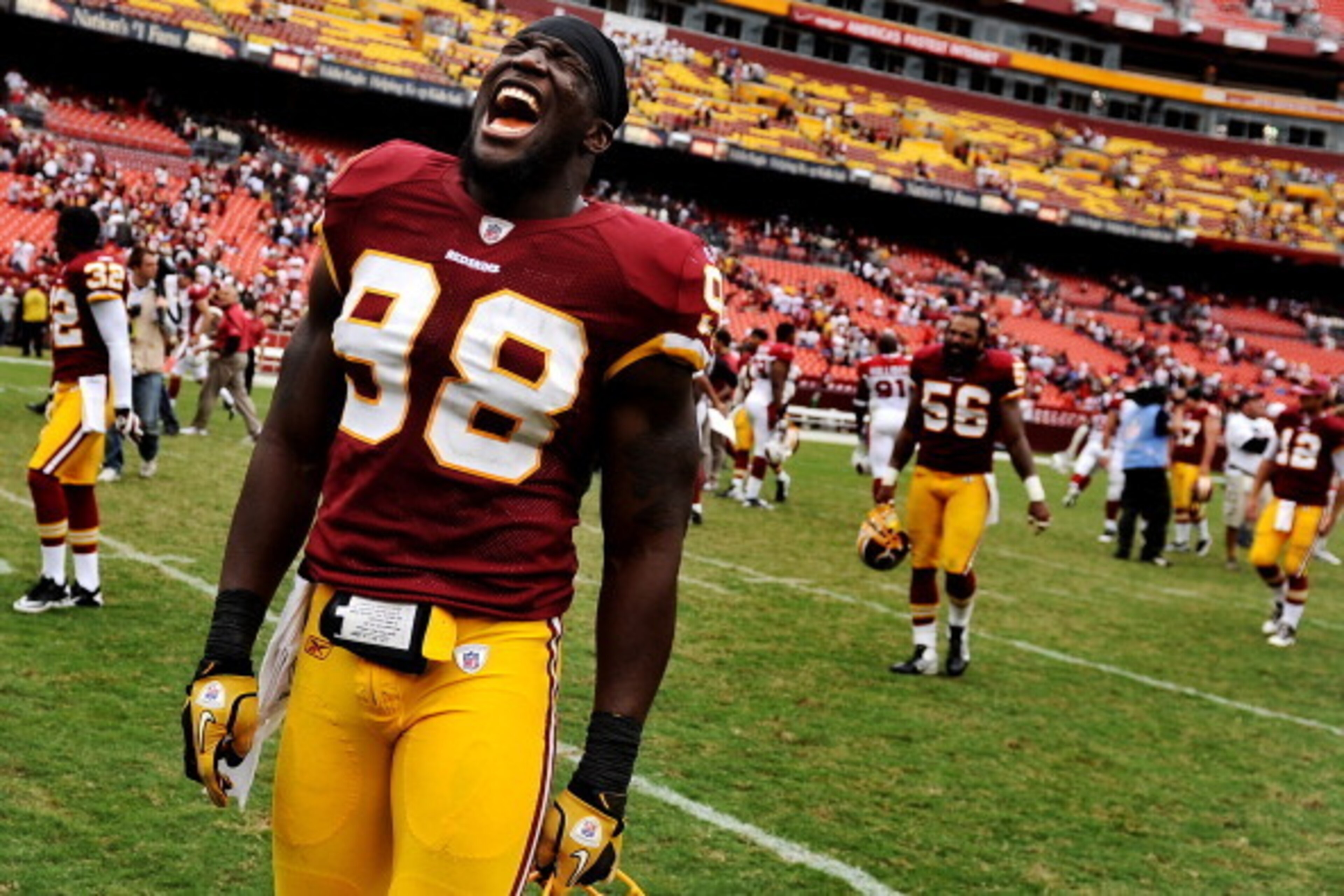 LANDOVER, MD - SEPTEMBER 18: Linebacker Brian Orakpo #98 of the Washington Redskins celebrates after defeating the Arizona Cardinals at FedExField on September 18, 2011 in Landover, Maryland. The Washington Redskins won, 22-21. (Photo by Patrick Smith/Get LANDOVER, MD - SEPTEMBER 18: Linebacker Brian Orakpo #98 of the Washington Redskins celebrates after defeating the Arizona Cardinals at FedExField on September 18, 2011 in Landover, Maryland. The Washington Redskins won, 22-21. (Photo by Patrick Smith/Get