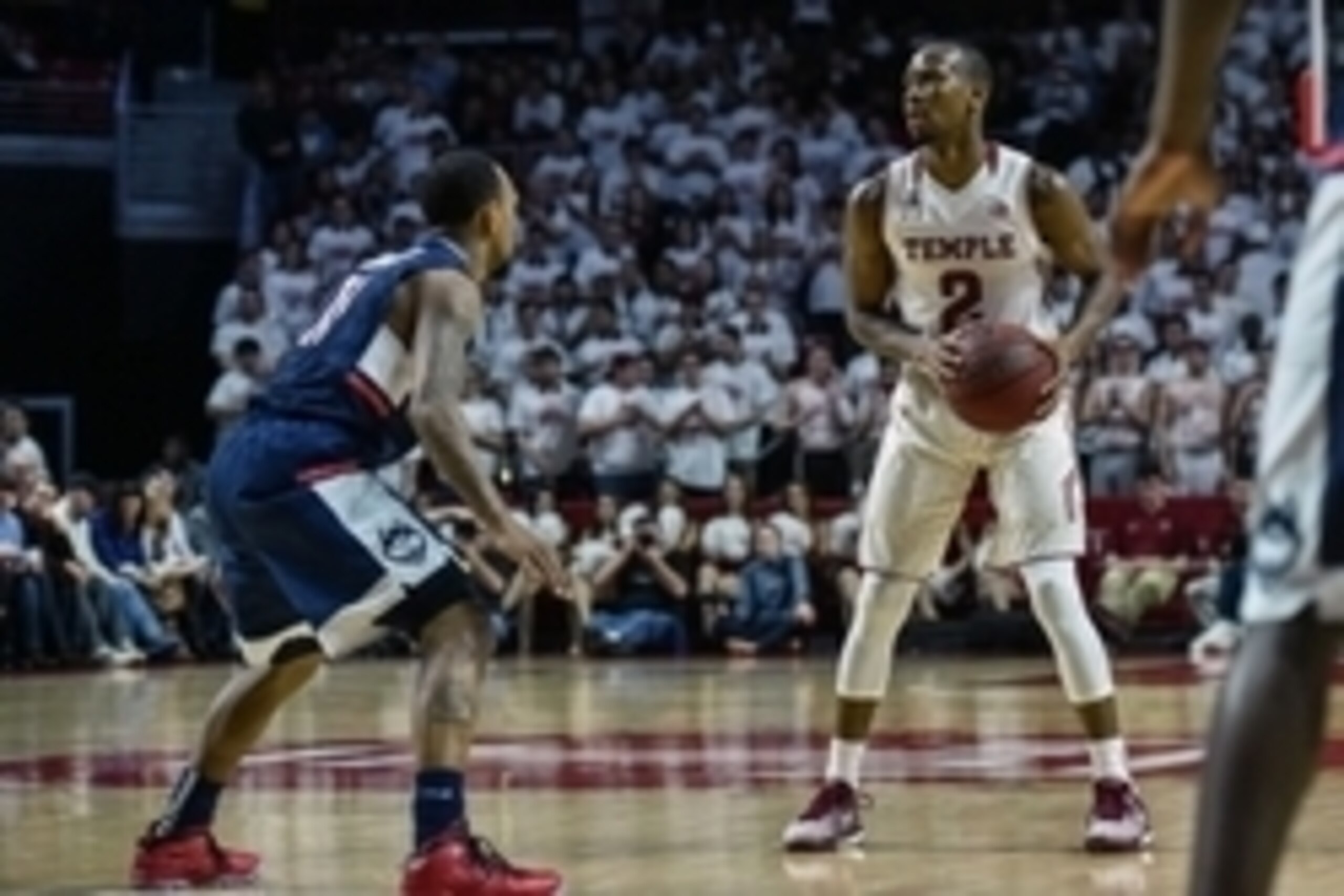 Mar 7, 2015; Philadelphia, PA, USA; Temple Owls guard Will Cummings (2) looks to pass during the second half of the game against the Connecticut Huskies at the Liacouras Center. Temple won the game 75-63. Mandatory Credit: John Geliebter-USA TODAY Sports
