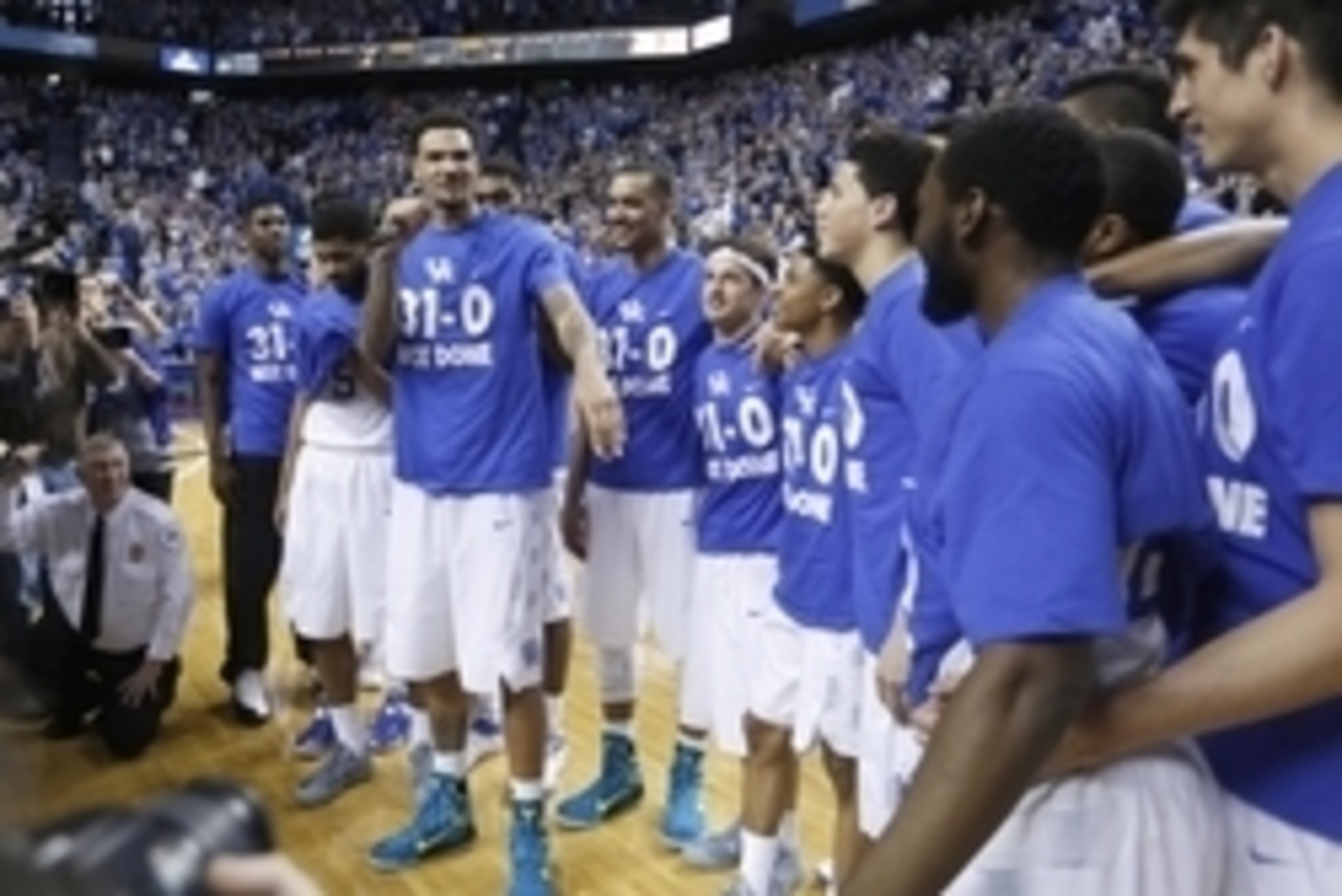 Mar 7, 2015; Lexington, KY, USA; Kentucky Wildcats forward Willie Cauley-Stein (15) celebrates with teammates after defeating the Florida Gators and finishing the season with 31-0 in the regular season at Rupp Arena. Kentucky Wildcats defeated the Florida Mar 7, 2015; Lexington, KY, USA; Kentucky Wildcats forward Willie Cauley-Stein (15) celebrates with teammates after defeating the Florida Gators and finishing the season with 31-0 in the regular season at Rupp Arena. Kentucky Wildcats defeated the Florida