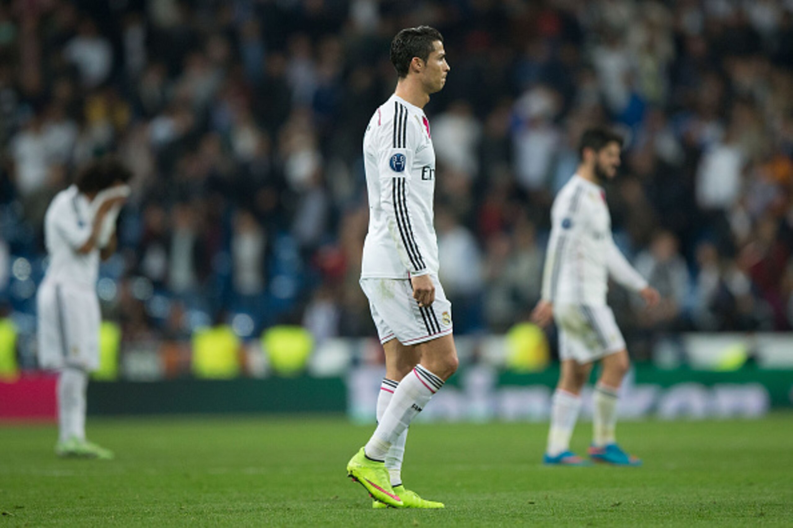 MADRID, SPAIN - MARCH 10: Cristiano Ronaldo of Real Madrid CF leaves the pitch after loosing the UEFA Champions League round of 16 second leg match between Real Madrid CF and FC Schalke 04 at Estadio Santiago Bernabeu on March 10, 2015 in Madrid, Spain.  