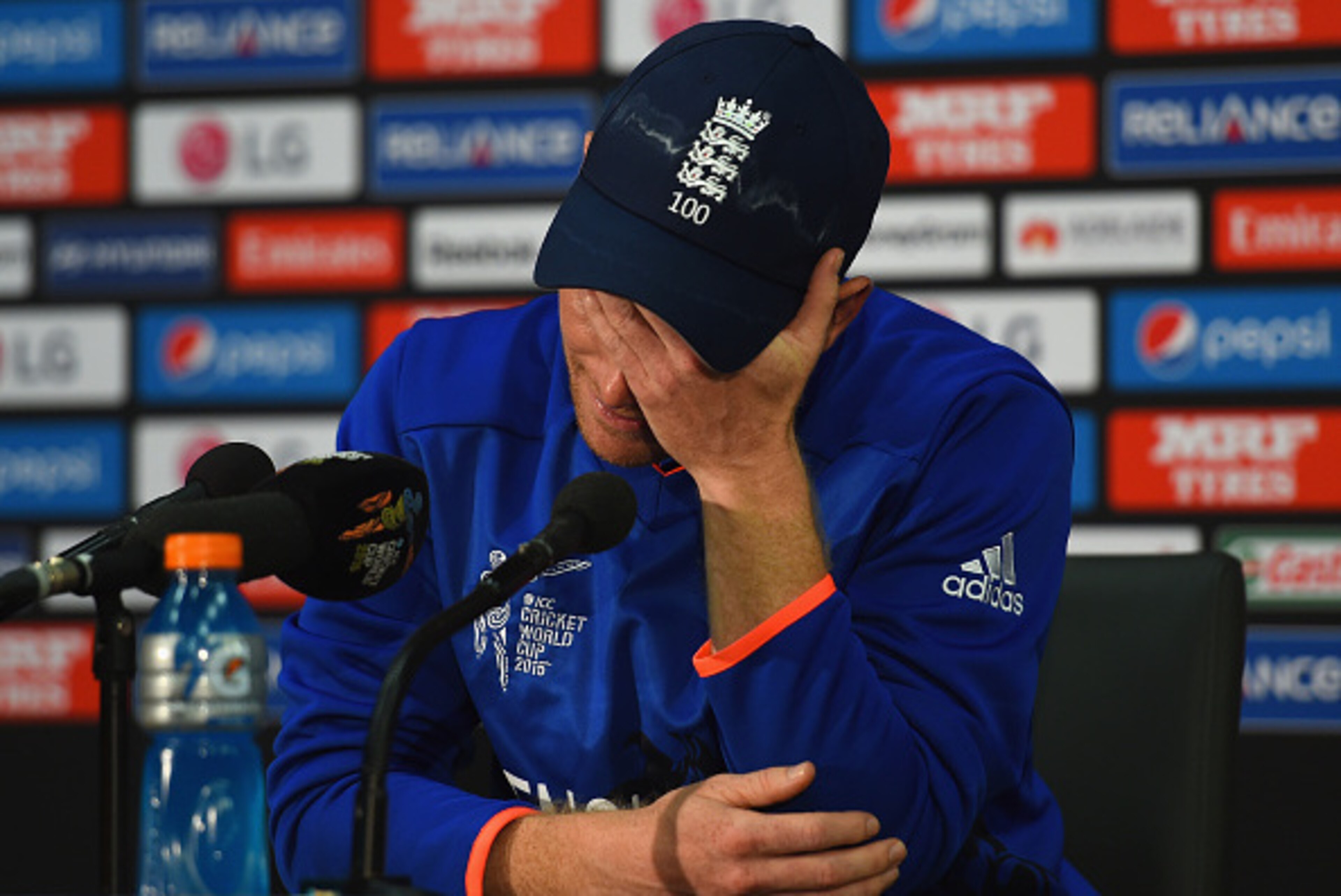 ADELAIDE, AUSTRALIA - MARCH 09:  England captain Eoin Morgan looks dejected during a press conference after the 2015 ICC Cricket World Cup match between England and Bangladesh at Adelaide Oval on March 9, 2015 in Adelaide, Australia.  (Photo by Shaun Bott