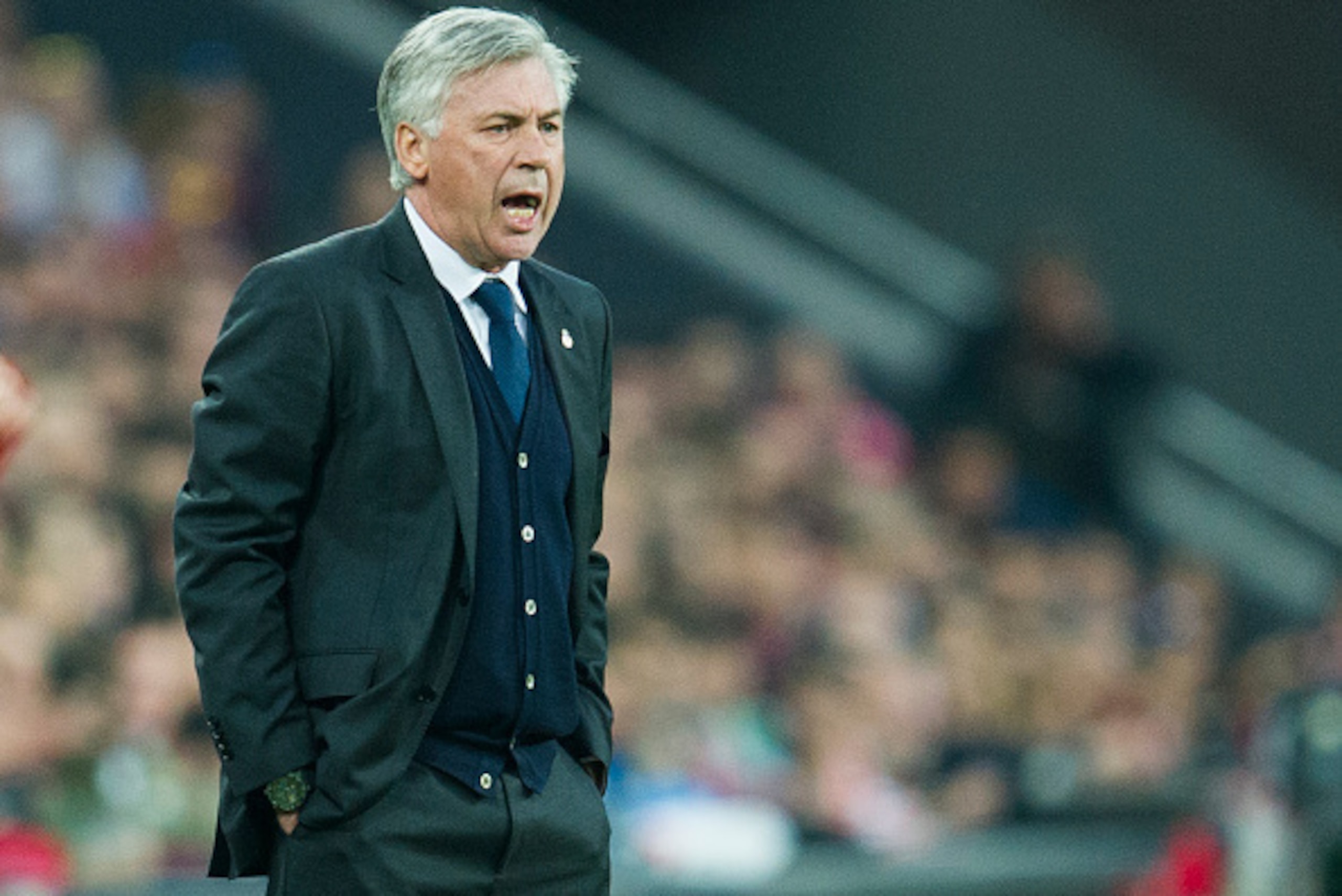 BILBAO, SPAIN - MARCH 07: Head coach Carlo Ancelotti of Real Madrid reacts during the La Liga match between Athletic Club Bilbao and Real Madrid CF at San Mames Stadium on March 7, 2015 in Bilbao, Spain.  (Photo by Juan Manuel Serrano Arce/Getty Images)