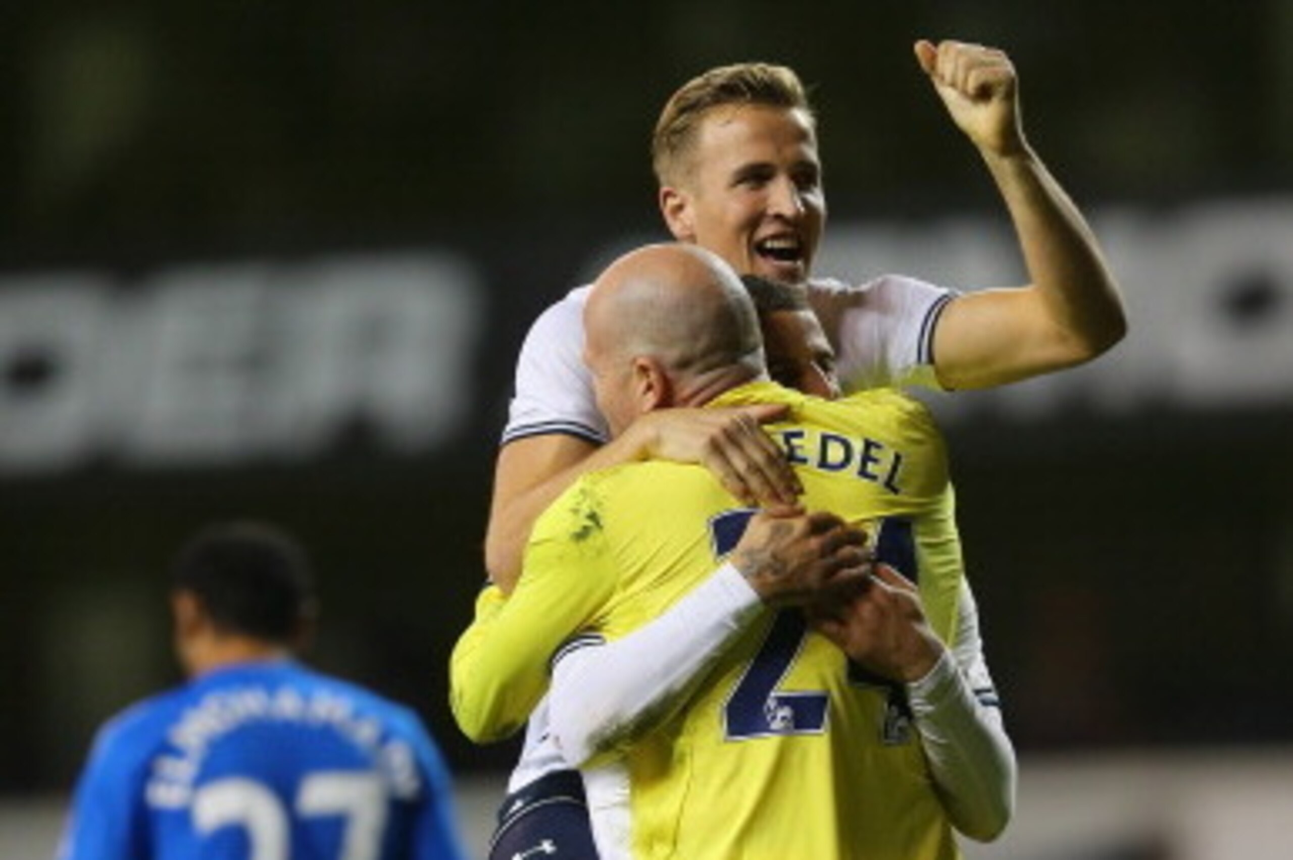 LONDON, ENGLAND - OCTOBER 30:  Harry Kane of Tottenham celebrates with goalkeeper Brad Friedel after Tottenham won the Capital One Cup Fourth Round match between Tottenham Hotspur and Hull City at White Hart Lane on October 30, 2013 in London, England.  (