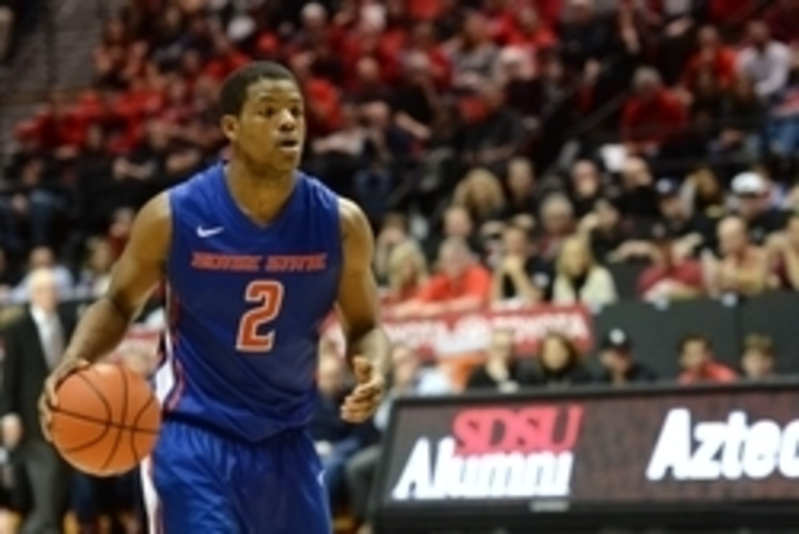 Feb 28, 2015; San Diego, CA, USA; Boise State Broncos guard Derrick Marks (2) brings the ball up court during the second half against the San Diego State Aztecs at Viejas Arena at Aztec Bowl. Mandatory Credit: Jake Roth-USA TODAY Sports