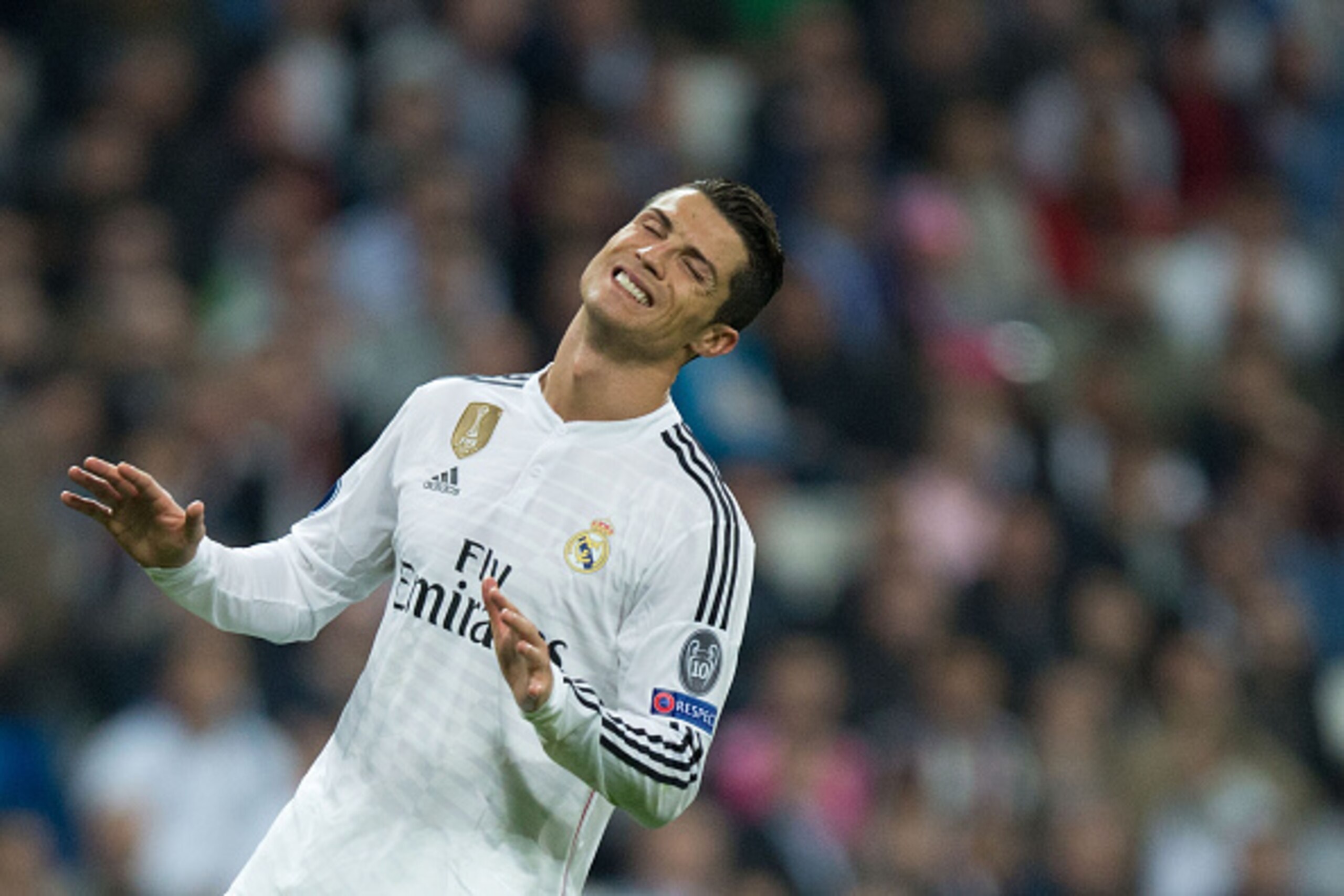MADRID, SPAIN - MARCH 10: Cristiano Ronaldo of Real Madrid CF reacts as he fail to score during the UEFA Champions League round of 16 second leg match between Real Madrid CF and FC Schalke 04 at Estadio Santiago Bernabeu on March 10, 2015 in Madrid, Spain