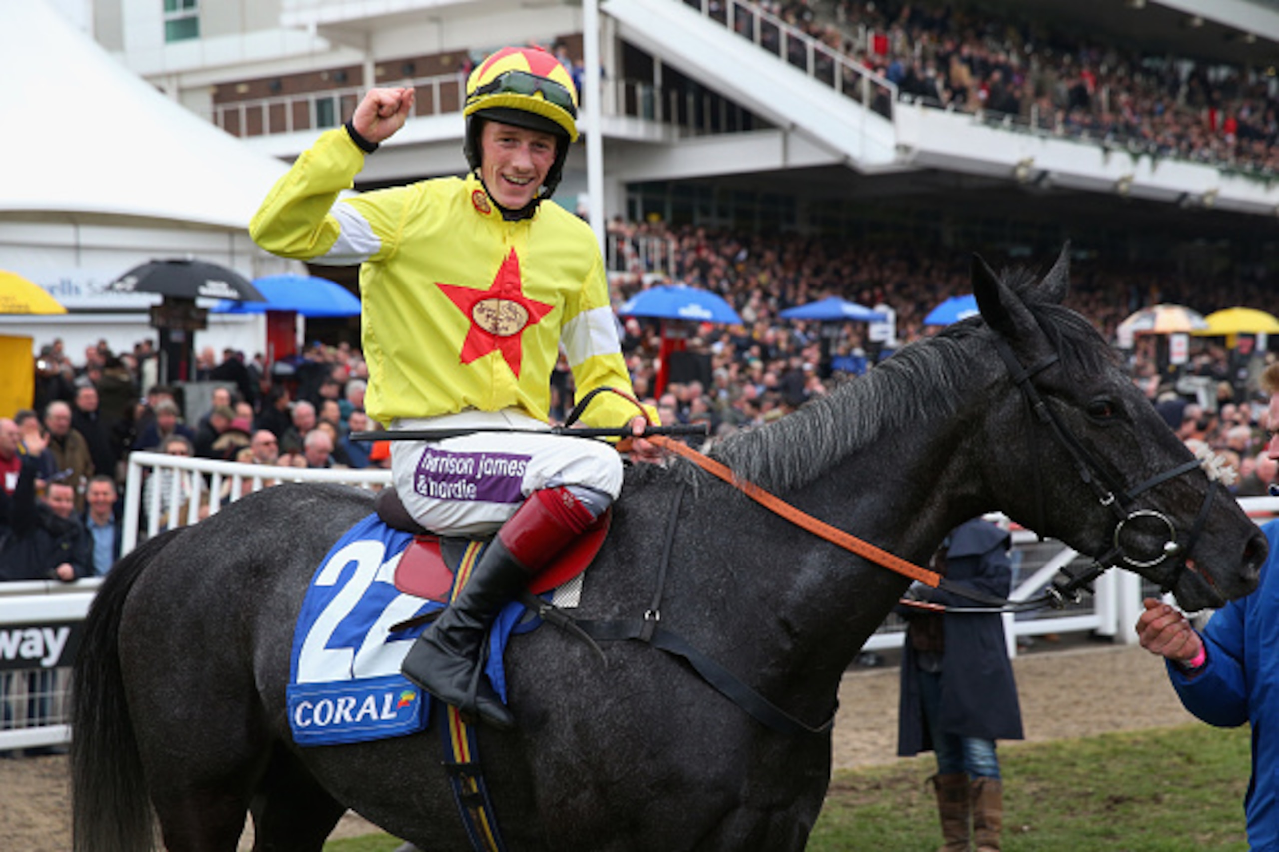 CHELTENHAM, ENGLAND - MARCH 11:   Sam Twiston-Davies celebrates on Aux Ptits Soins after winning the Coral Cup during Ladies Day at the Cheltenham Festival at Cheltenham Racecourse on March 11, 2015 in Cheltenham, England.  (Photo by Alex Livesey/Getty Im
