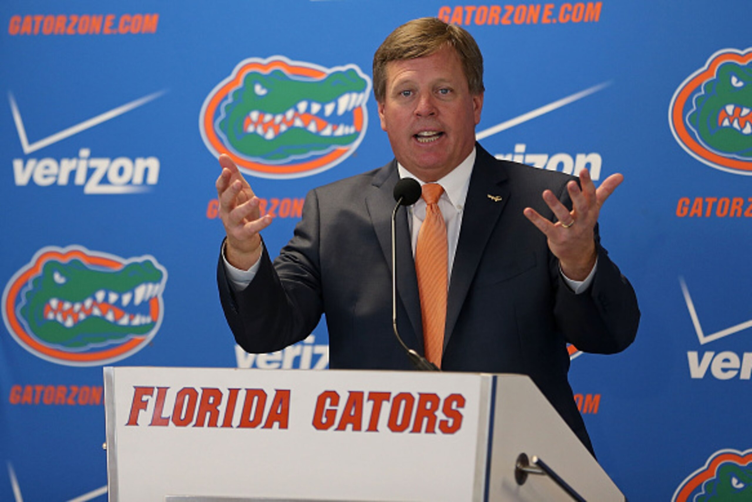 GAINESVILLE, FL - DECEMBER 06:  Florida Gators head coach Jim McElwain speaks during an introductory press conference on December 6, 2014 in Gainesville, Florida. McElwain has left Colorado State and replaces ex-Florida coach Will Muschamp who was fired e