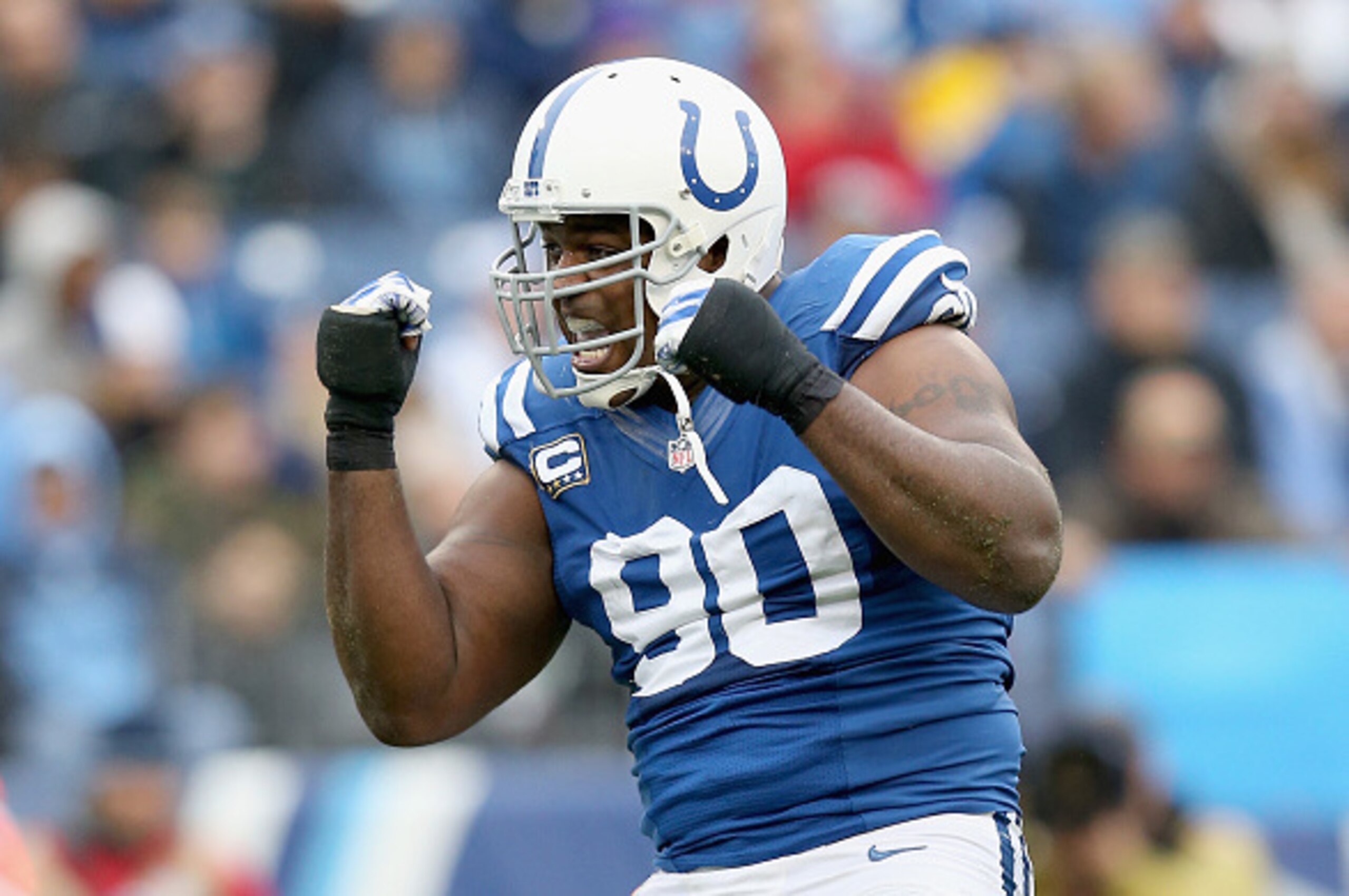 NASHVILLE, TN - DECEMBER 28:  Cory Redding #90 of the Indianapolis Colts celebrates after a sack during the game against the Tennessee Titans at LP Field on December 28, 2014 in Nashville, Tennessee.  (Photo by Andy Lyons/Getty Images)