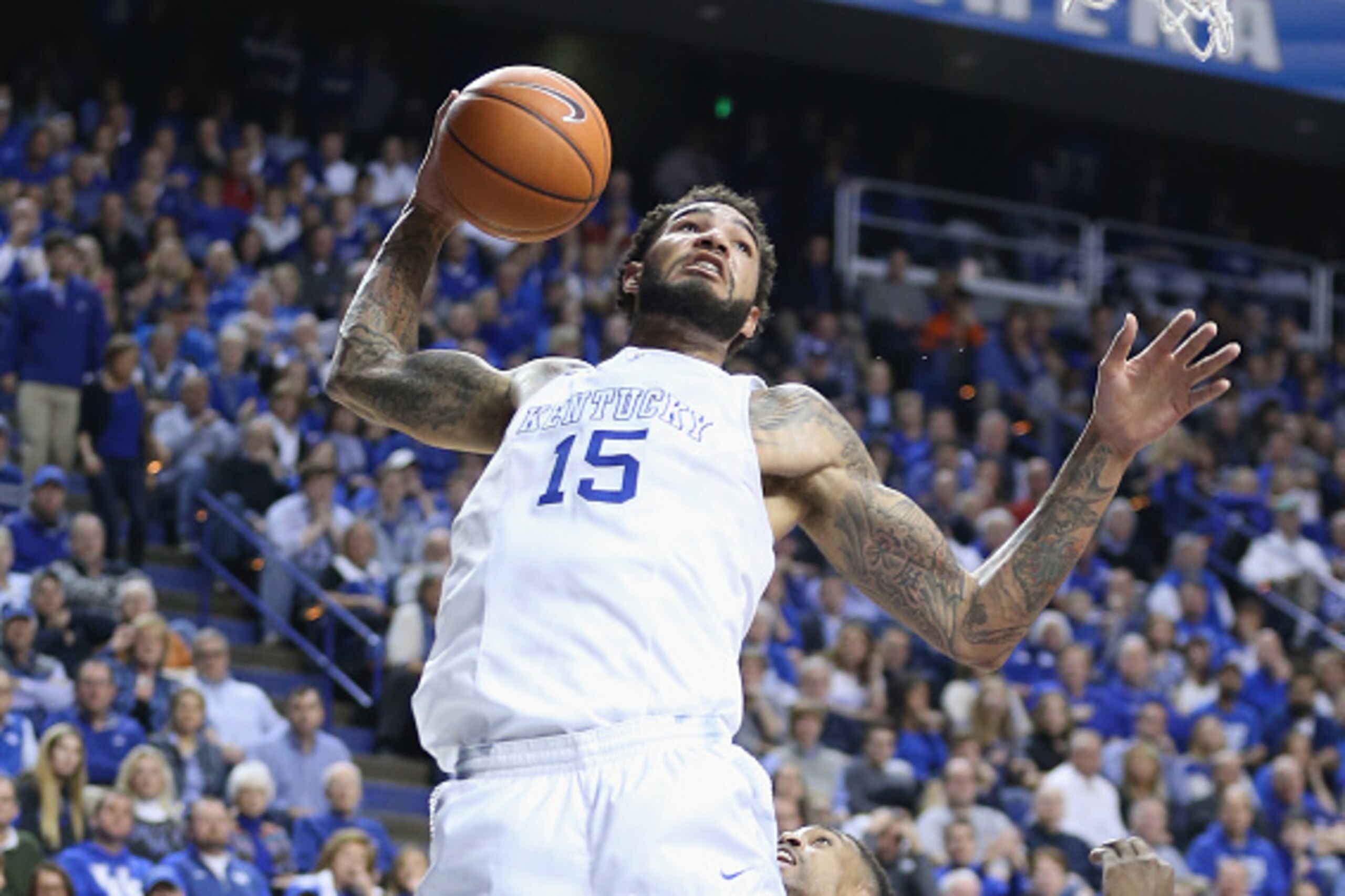 LEXINGTON, KY - FEBRUARY 28:  Willie Cauley-Stein #15 of the Kentucky Wildcats grabs a rebound during the game against the Arkansas Razorbacks at Rupp Arena on February 28, 2015 in Lexington, Kentucky.  (Photo by Andy Lyons/Getty Images)