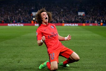 LONDON, ENGLAND - MARCH 11:  David Luiz of PSG celebrates after scoring a goal to level the scores at 1-1 during the UEFA Champions League Round of 16, second leg match between Chelsea and Paris Saint-Germain at Stamford Bridge on March 11, 2015 in London