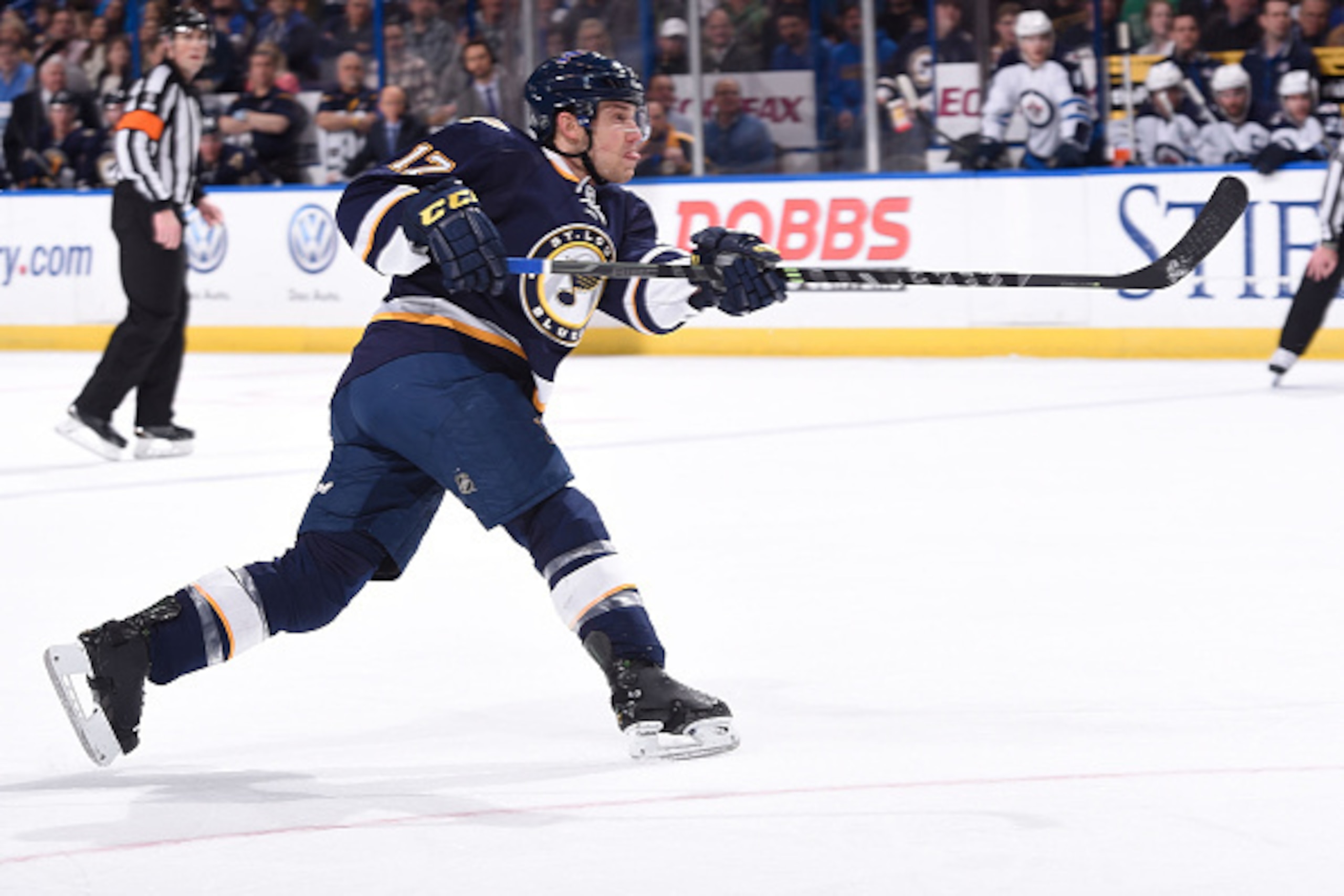 ST. LOUIS, MO - MARCH 10:  Jaden Schwartz #17 of the St. Louis Blues scores a goal against the Winnipeg Jets on March 10, 2015 at Scottrade Center in St. Louis, Missouri. (Photo by Scott Rovak/NHLI via Getty Images)