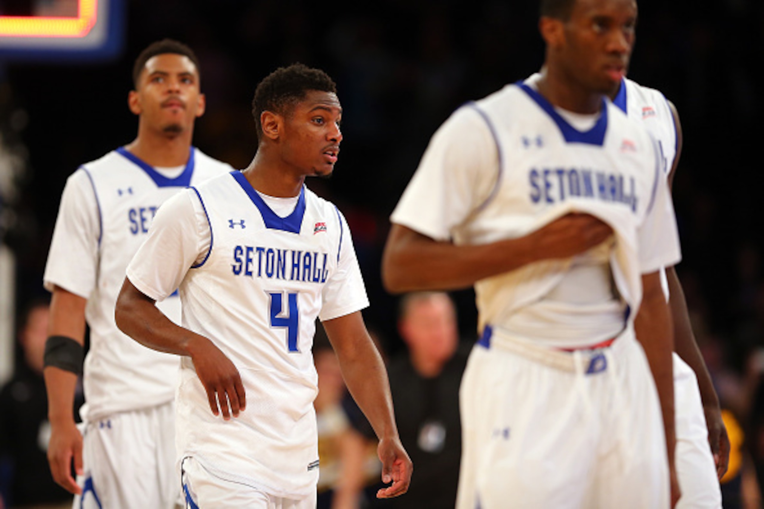 NEW YORK, NY - MARCH 11:  Sterling Gibbs #4 of the Seton Hall Pirates walks off the court after losing to the Marquette Golden Eagles 78-56 during a first round game of the Big East basketball tournament at Madison Square Garden on March 11, 2015 in New Y