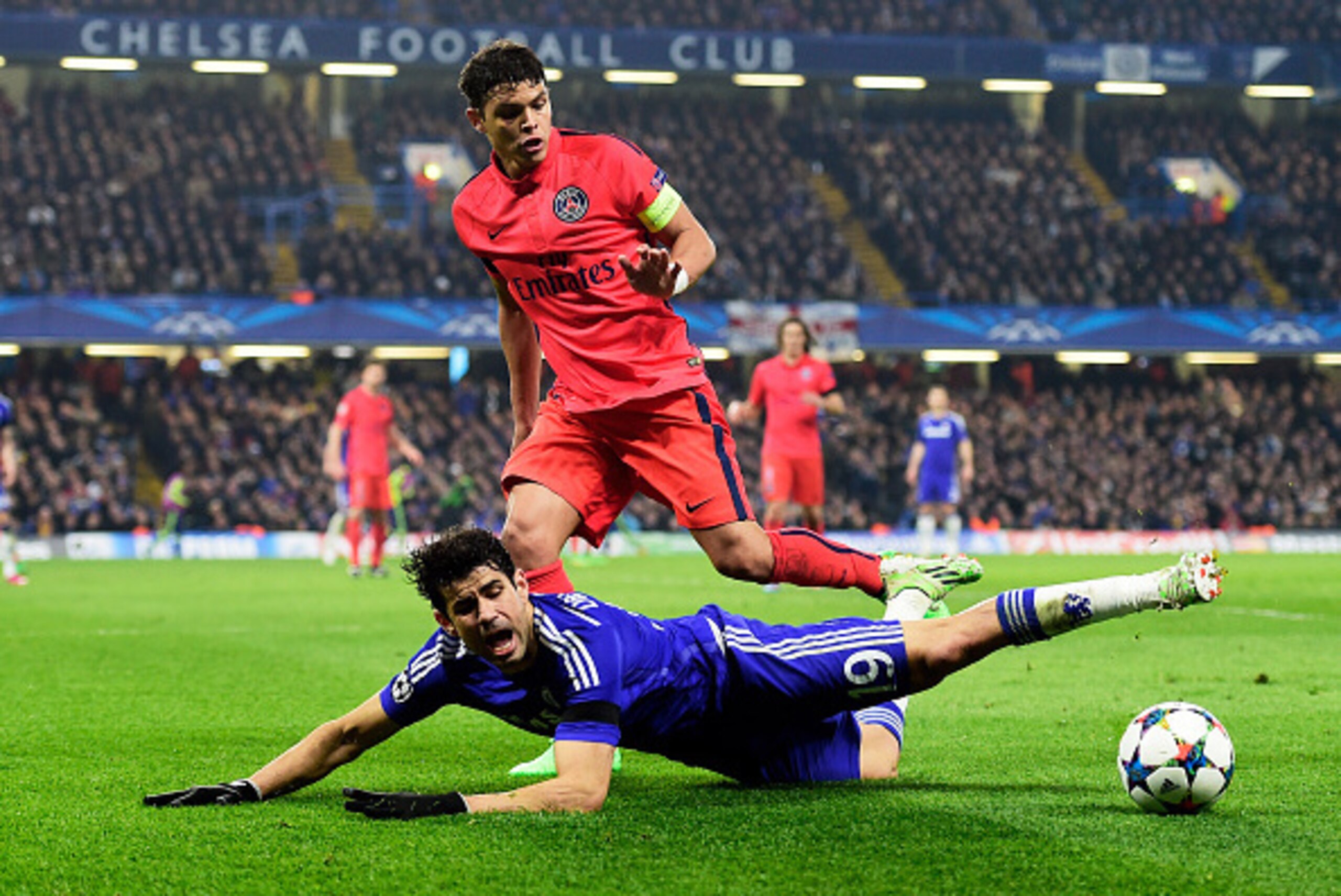 LONDON, ENGLAND - MARCH 11:  Diego Costa of Chelsea is brought down by Thiago Silva of PSG during the UEFA Champions League Round of 16, second leg match between Chelsea and Paris Saint-Germain at Stamford Bridge on March 11, 2015 in London, England.  (Ph