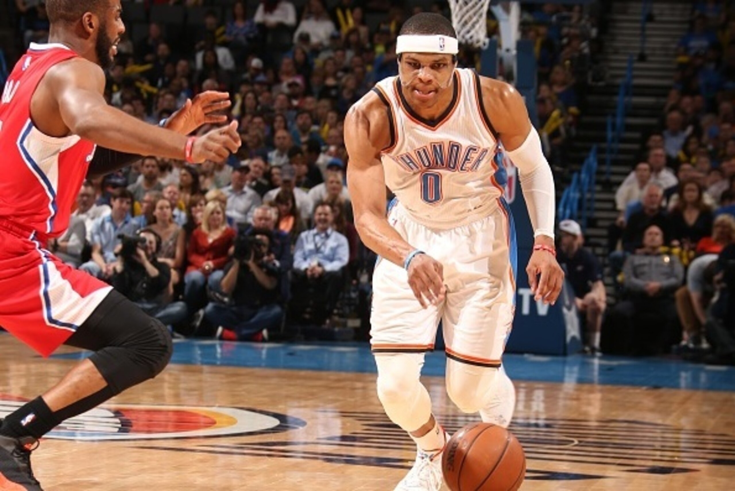 OKLAHOMA CITY, OK - MARCH 11: Russell Westbrook #0 of the Oklahoma City Thunder handles the ball against the Los Angeles Clippers on March 11, 2015 at the Chesapeake Energy Arena in Oklahoma City, Oklahoma. NOTE TO USER: User expressly acknowledges and ag