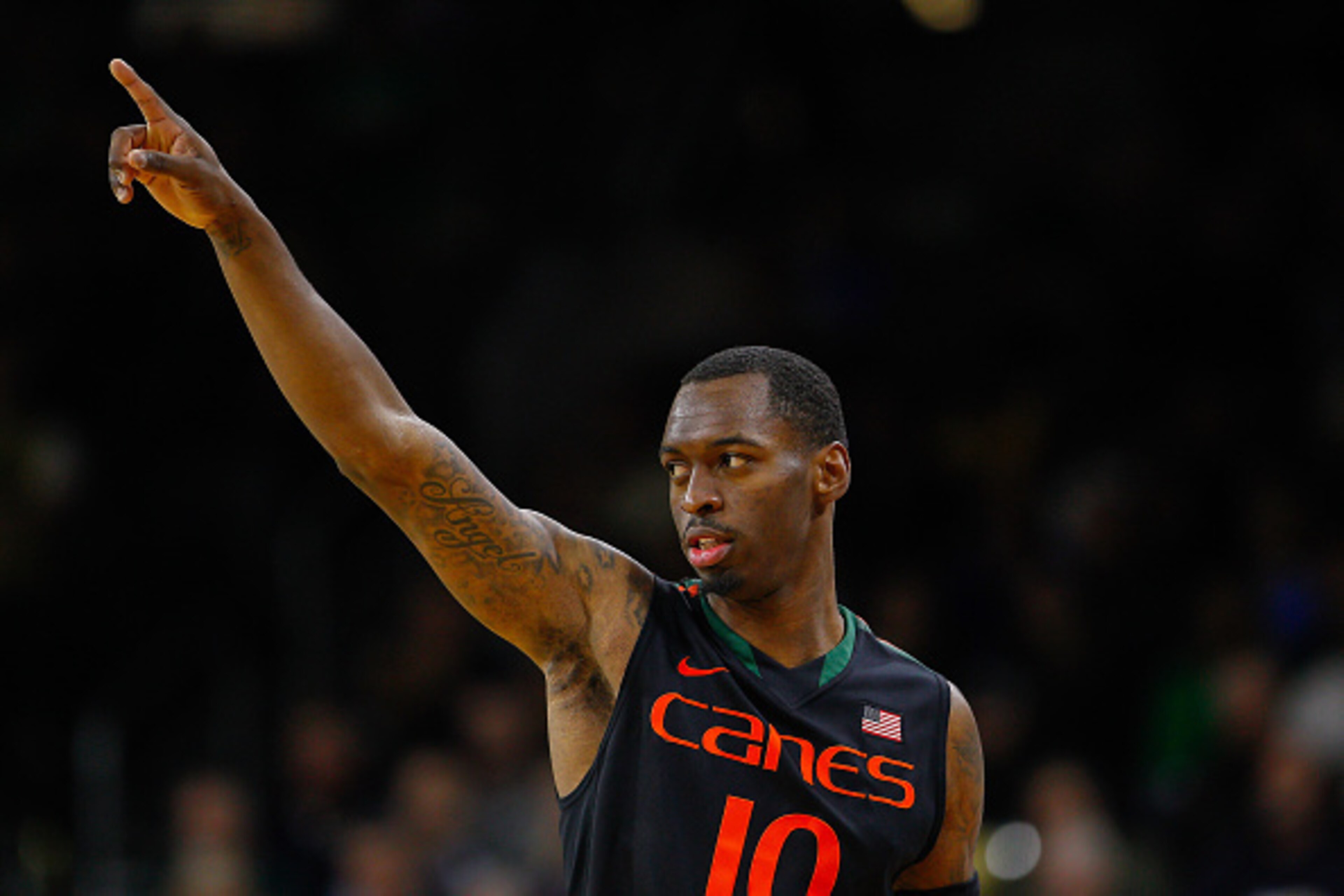 SOUTH BEND, IN - JANUARY 17: Sheldon McClellan #10 of the Miami (Fl) Hurricanes seen during the game against the Notre Dame Fighting Irish at Purcell Pavilion on January 17, 2015 in South Bend, Indiana. Notre Dame defeated Miami 75-70. (Photo by Michael H