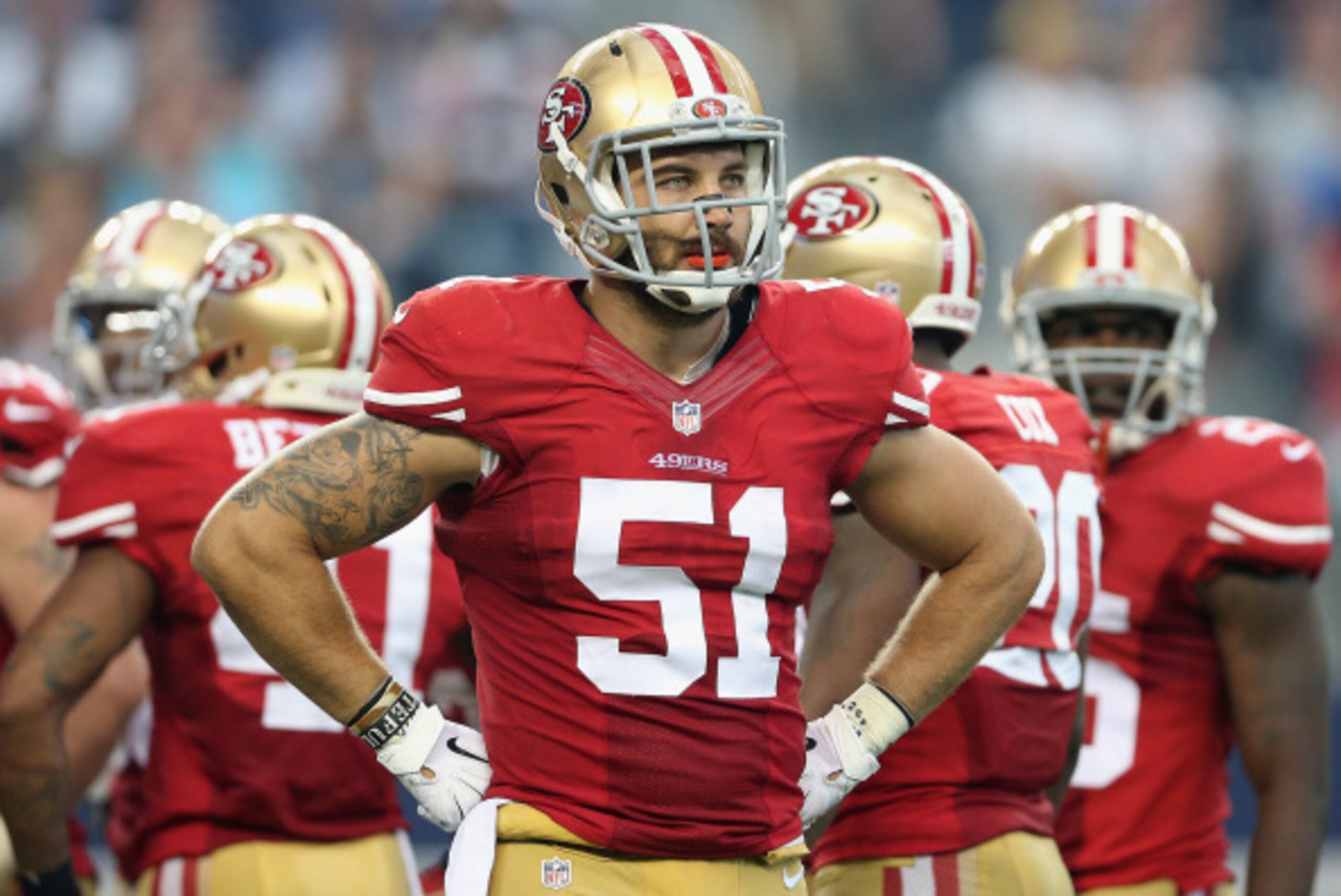 ARLINGTON, TX - SEPTEMBER 07:  Outside linebacker Dan Skuta #51 of the San Francisco 49ers during the NFL game against the Dallas Cowboys at AT&T Stadium on September 7, 2014 in Arlington, Texas. The 49ers defeated the Cowboys 28-17.  (Photo by Christian 